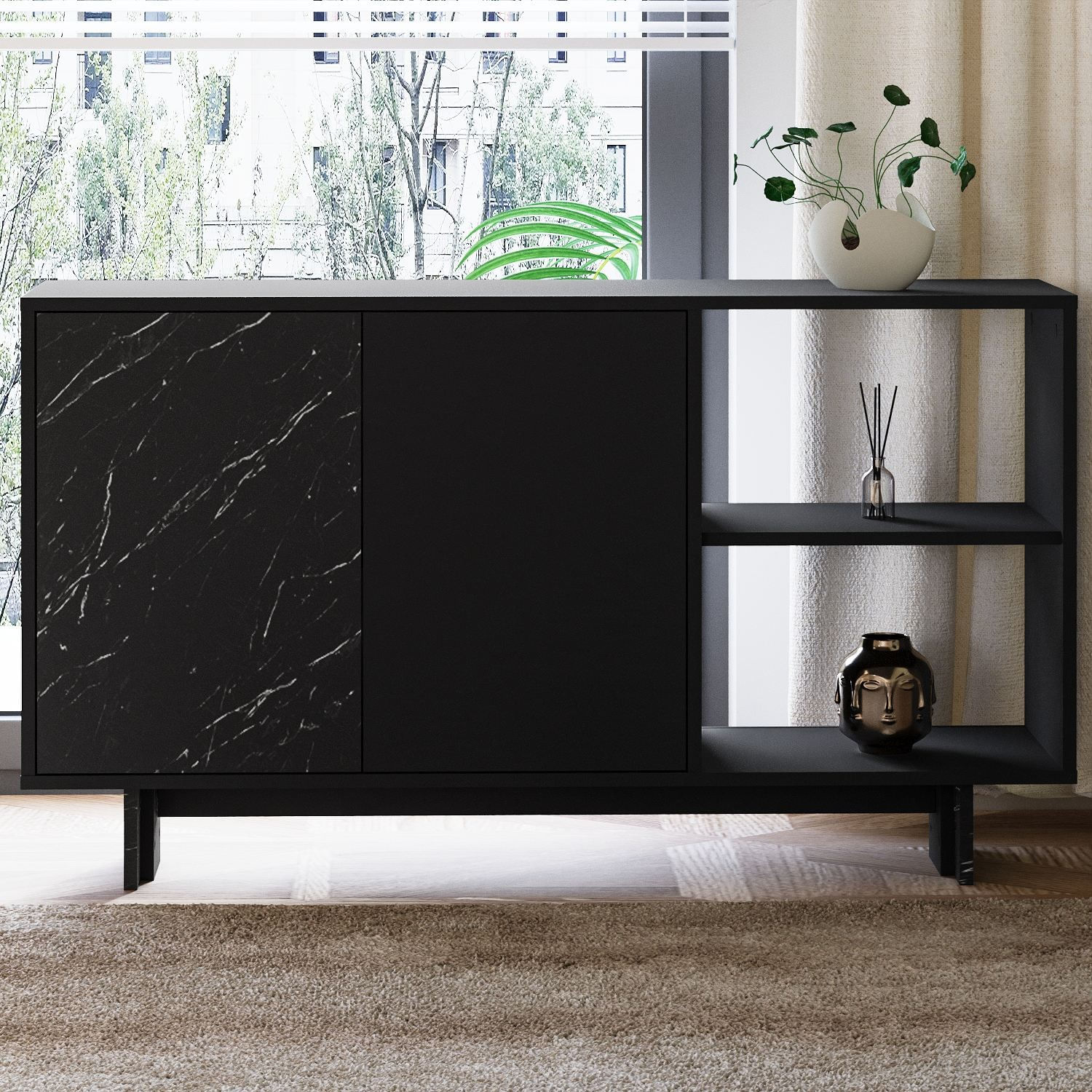 Consola Ravello, 140 x 80 x 35 cm, negru marmura, PAL melaminat, spatiu de depozitare, fixare pe perete, negru / marble — imaginea 3