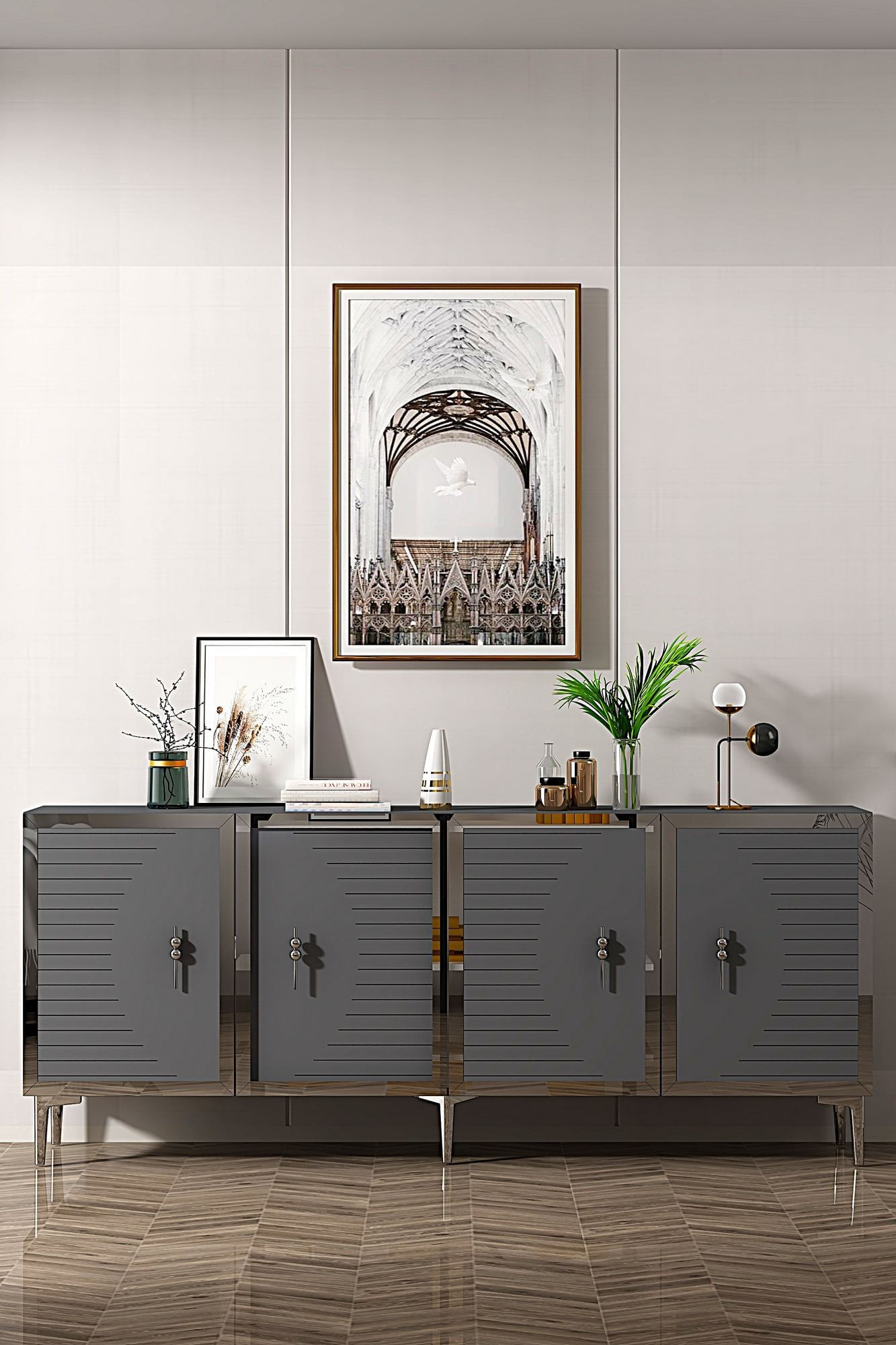 Consola Tuna 180, 180 x 75 x 32 cm, antracit argintiu, PAL melaminat, spatiu de depozitare, fixare pe perete, antracit / silver — imaginea 5