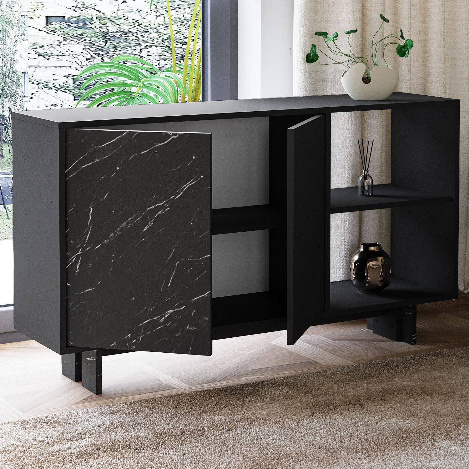 Consola Ravello, 140 x 80 x 35 cm, negru marmura, PAL melaminat, spatiu de depozitare, fixare pe perete, negru / marble — imaginea 4
