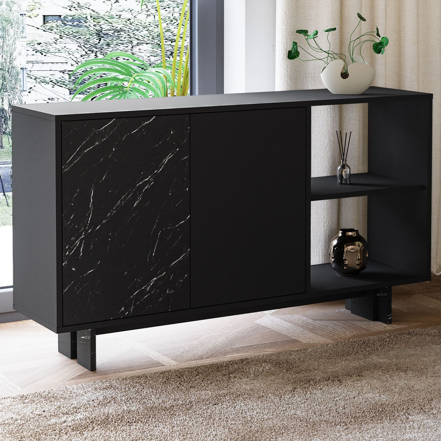 Consola Ravello, 140 x 80 x 35 cm, negru marmura, PAL melaminat, spatiu de depozitare, fixare pe perete, negru / marble — imaginea 5