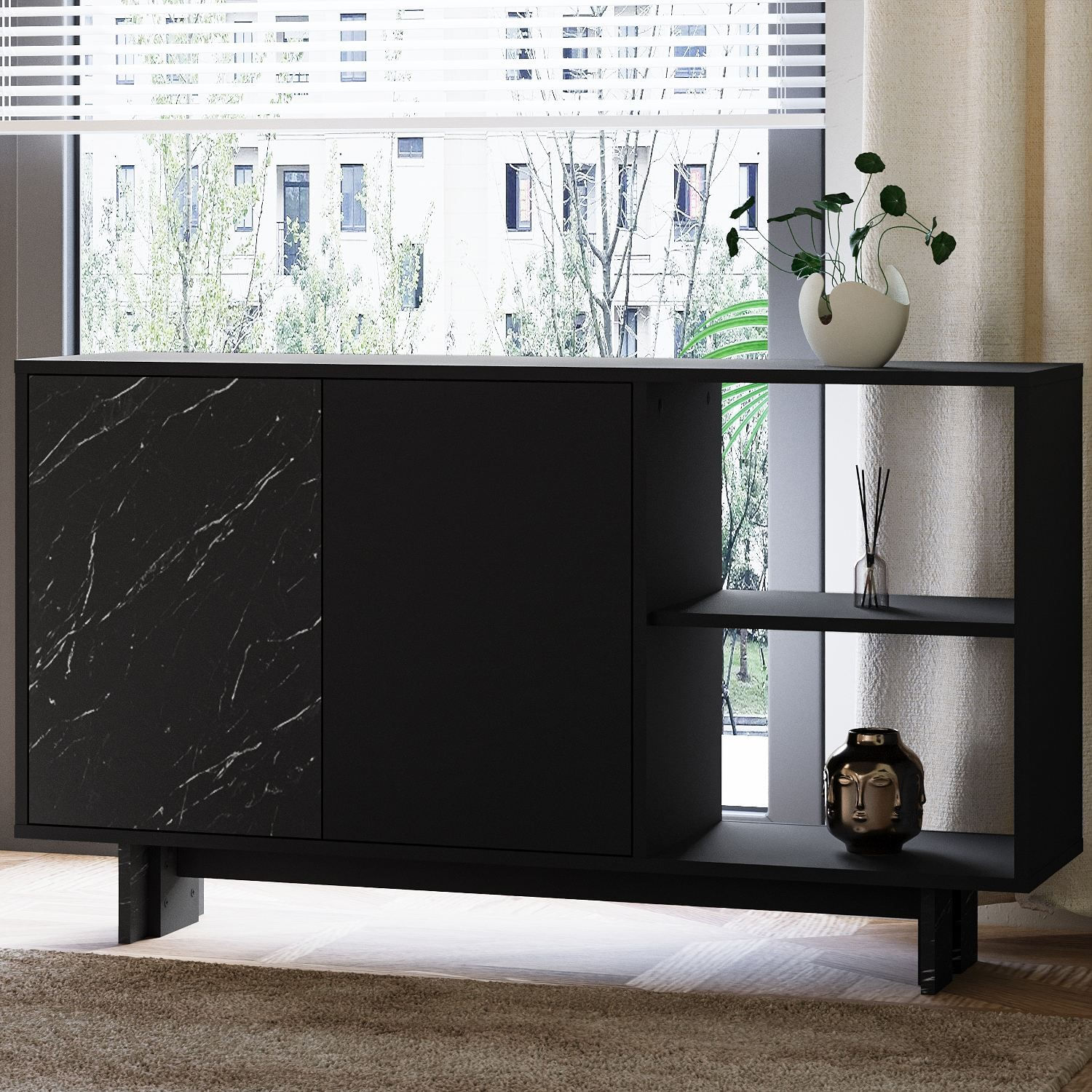 Consola Ravello, 140 x 80 x 35 cm, negru marmura, PAL melaminat, spatiu de depozitare, fixare pe perete, negru / marble — imaginea 6