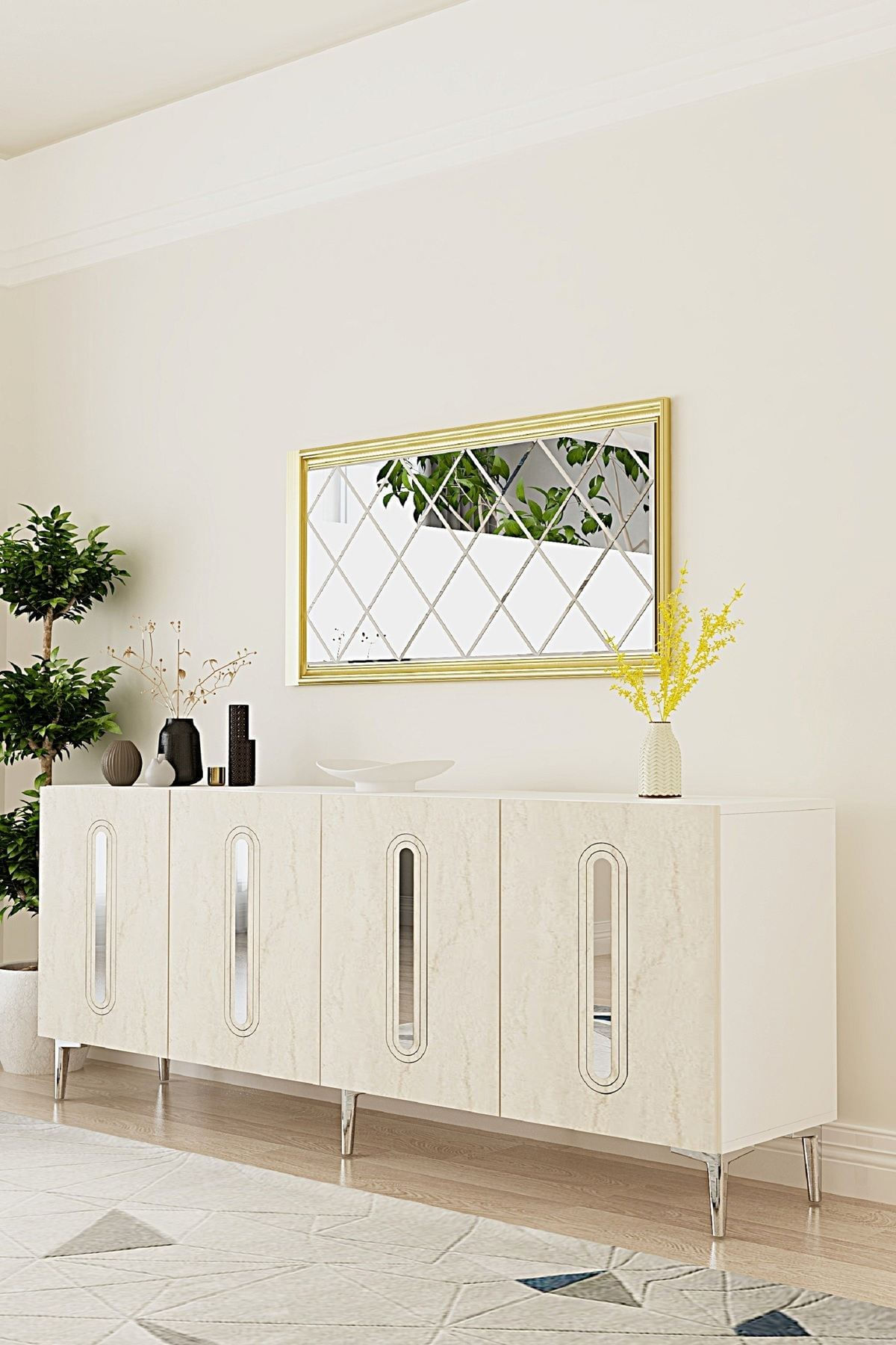 Consola Rany 180, 180 x 75 x 32 cm, alb travertin argintiu, PAL melaminat, oglinda inclusa, alb / travertin / silver — imaginea 6