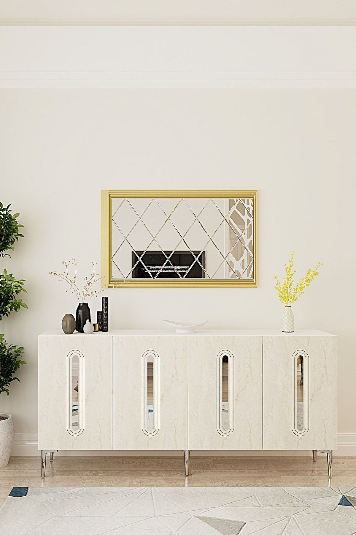 Consola Rany 180, 180 x 75 x 32 cm, alb travertin argintiu, PAL melaminat, oglinda inclusa, alb / travertin / silver — imaginea 7