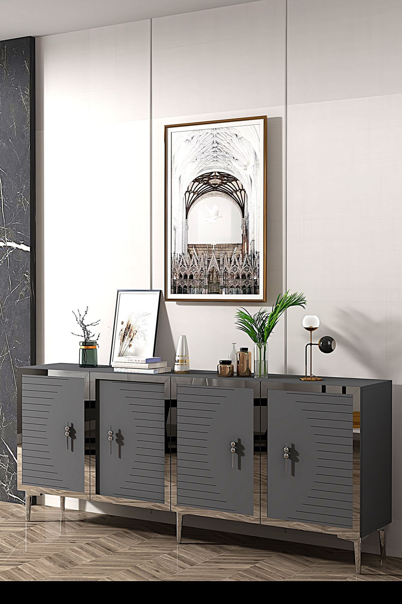 Consola Tuna 180, 180 x 75 x 32 cm, antracit argintiu, PAL melaminat, spatiu de depozitare, fixare pe perete, antracit / silver — imaginea 7