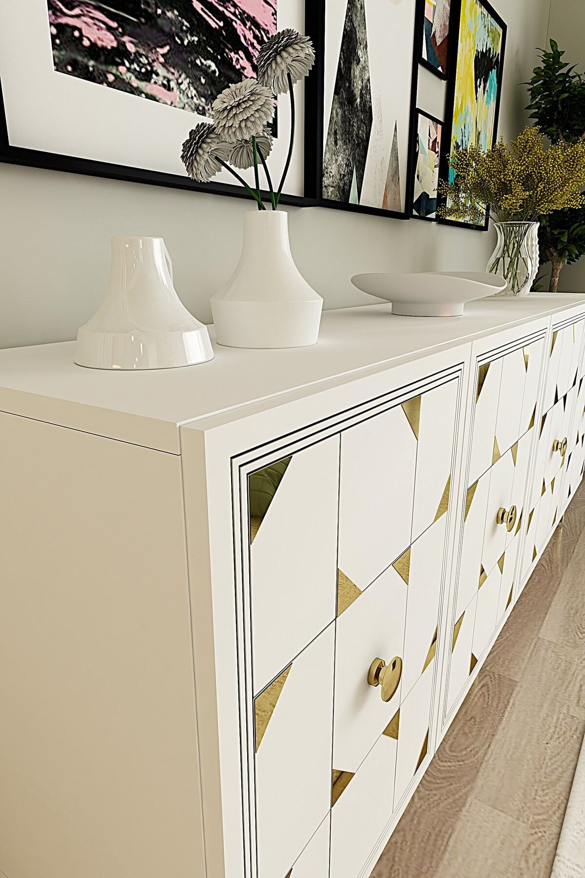 Consola Moka 180, 180 x 75 x 32 cm, alb auriu, PAL melaminat, oglinda inclusa, alb / gold — imaginea 5