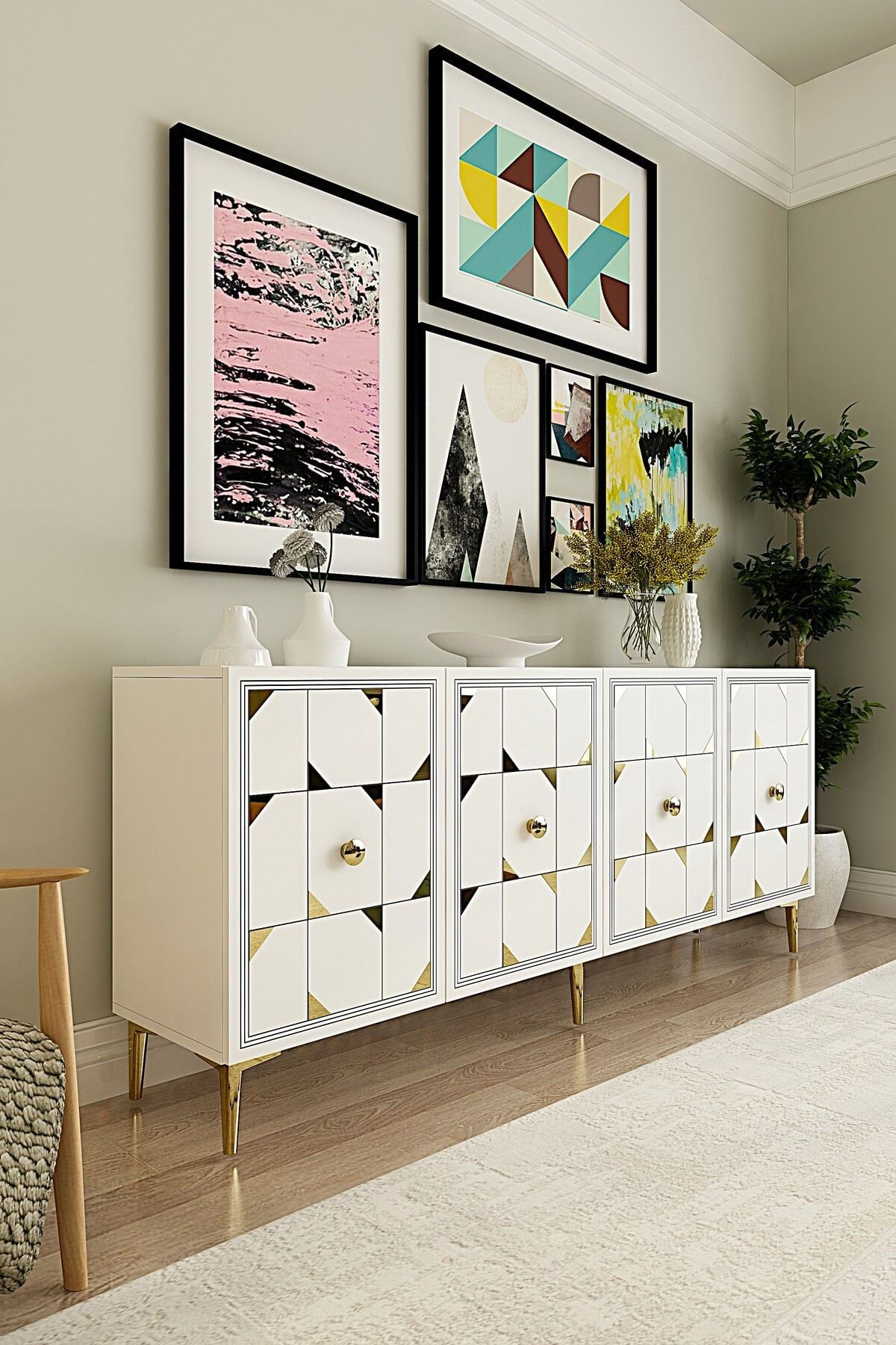 Consola Moka 180, 180 x 75 x 32 cm, alb auriu, PAL melaminat, oglinda inclusa, alb / gold — imaginea 8