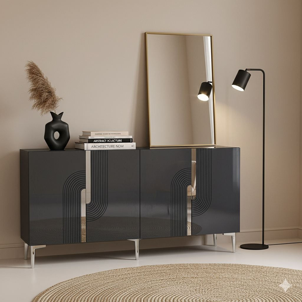 Consola Meyra 150, 150 x 75 x 32 cm, antracit argintiu, PAL melaminat, spatiu de depozitare, fixare pe perete, antracit / silver — imaginea 2