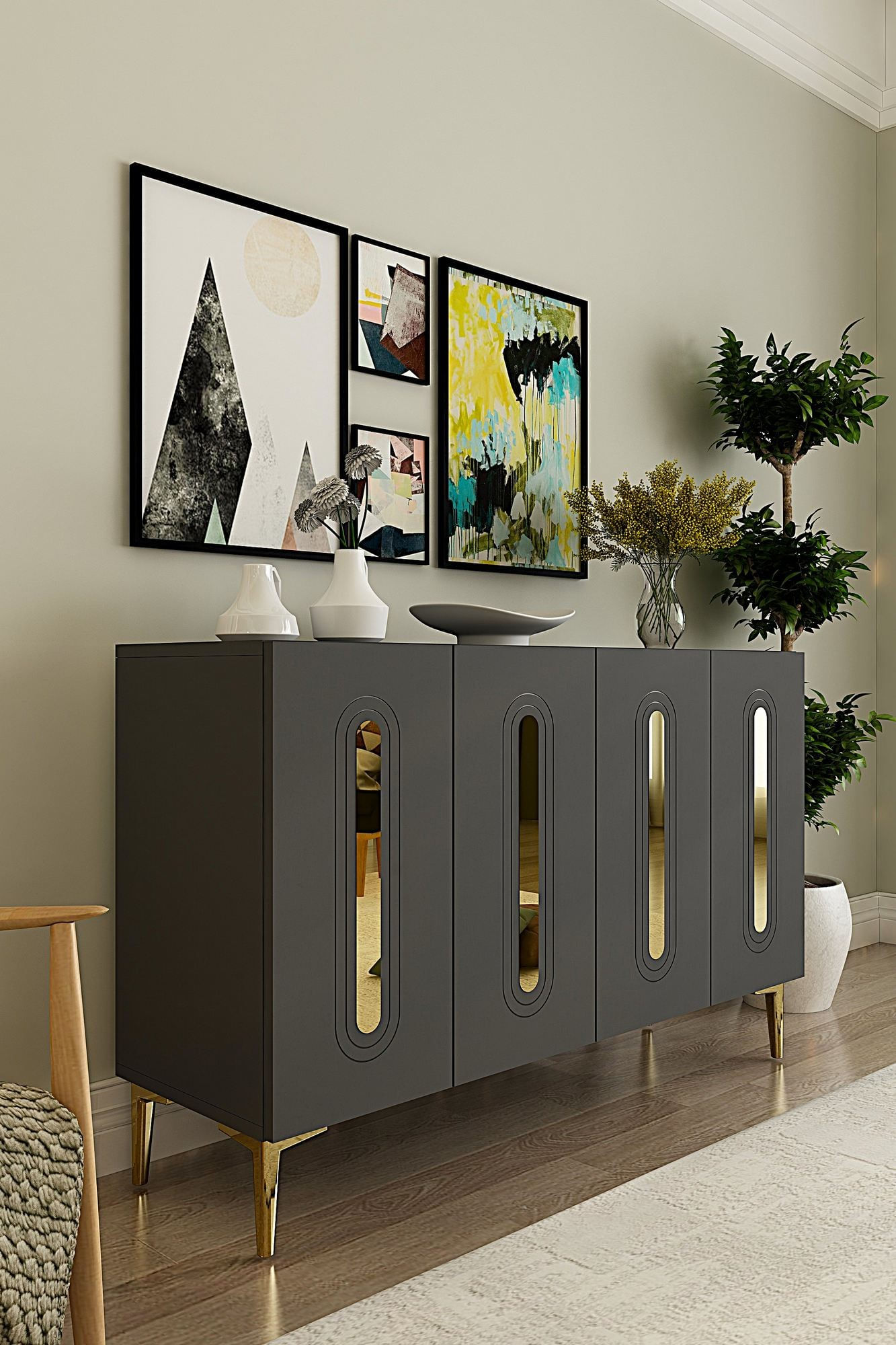 Consola Rany 120, 120 x 75 x 32 cm, antracit auriu, PAL melaminat, spatiu de depozitare, fixare pe perete, antracit / gold — imaginea 5