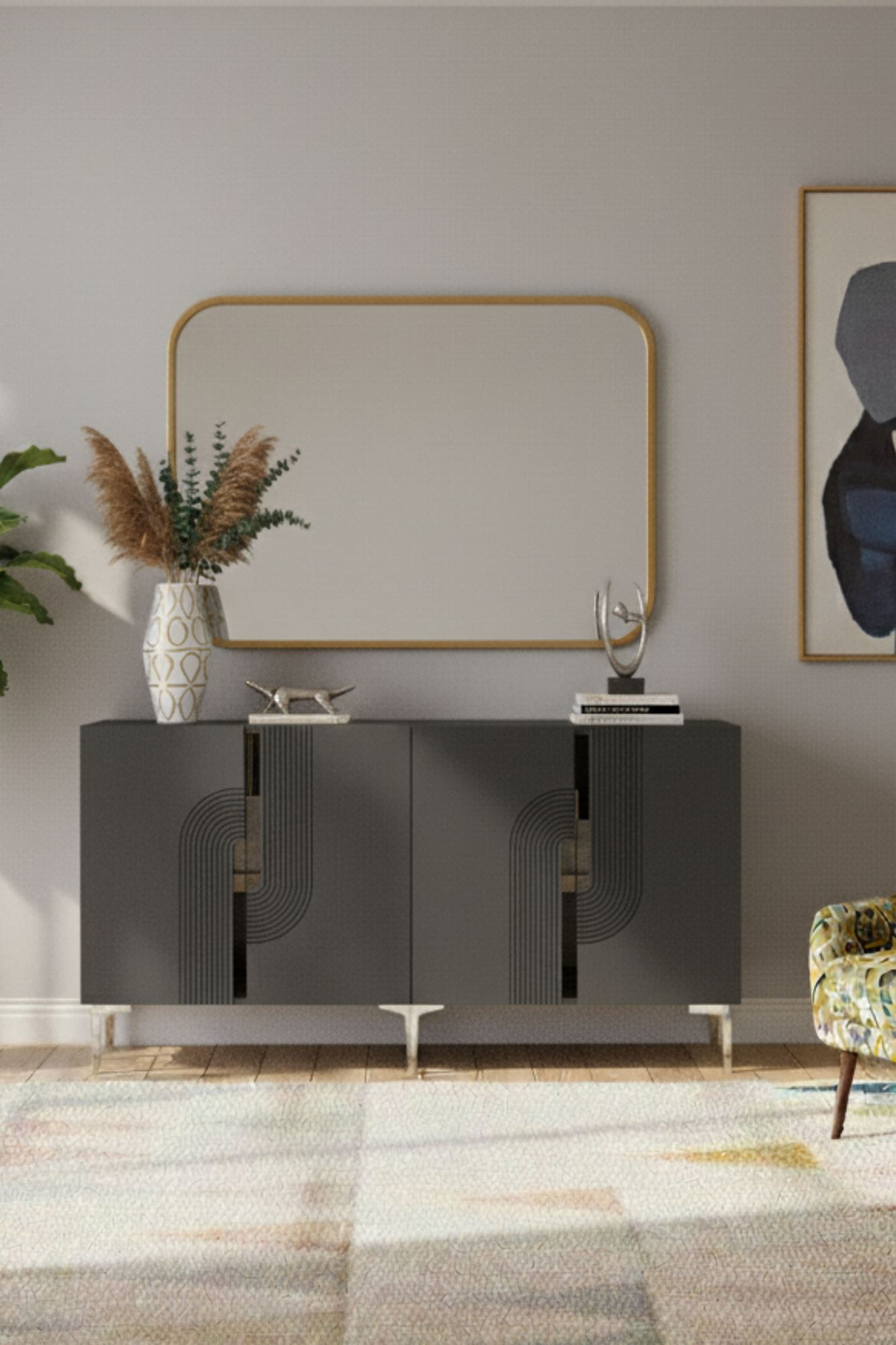 Consola Meyra 150, 150 x 75 x 32 cm, antracit argintiu, PAL melaminat, spatiu de depozitare, fixare pe perete, antracit / silver — imaginea 6