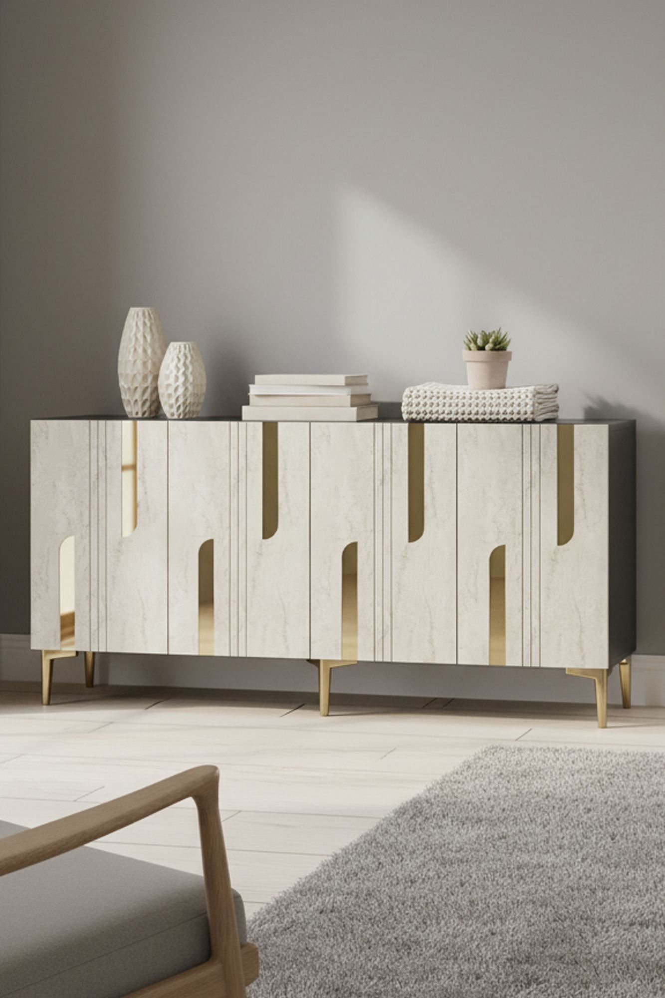 Consola Nota 150, 150 x 75 x 32 cm, antracit travertin auriu, PAL melaminat, antracit / travertin / gold — imaginea 2