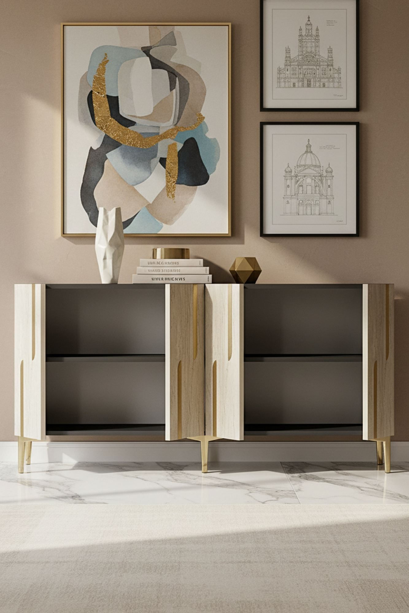 Consola Nota 150, 150 x 75 x 32 cm, antracit travertin auriu, PAL melaminat, antracit / travertin / gold — imaginea 5