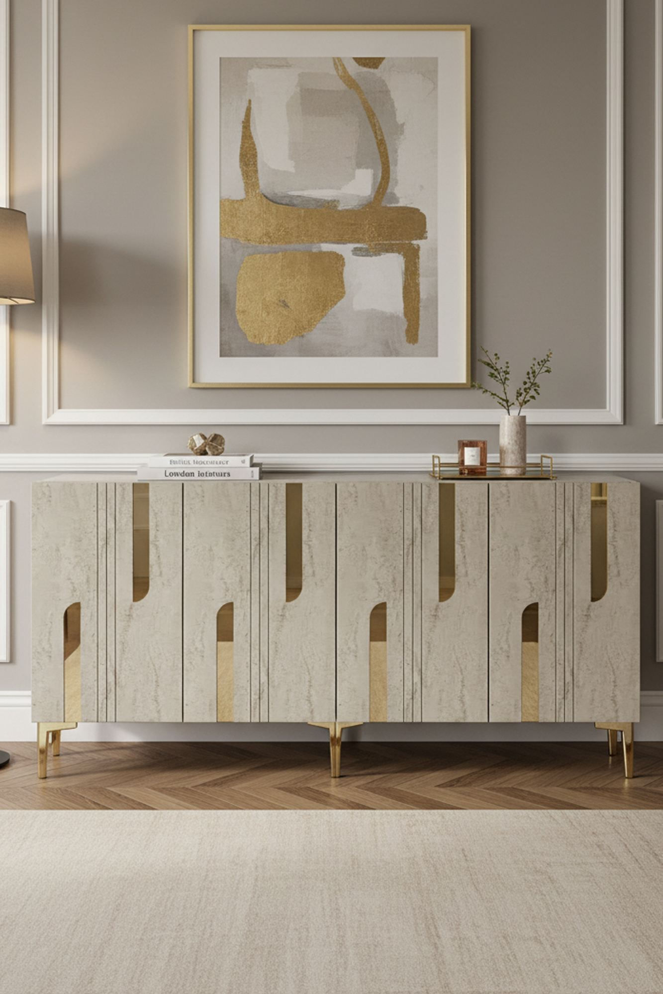 Consola Nota 150, 150 x 75 x 32 cm, alb travertin auriu, PAL melaminat, alb / travertin / gold — imaginea 2