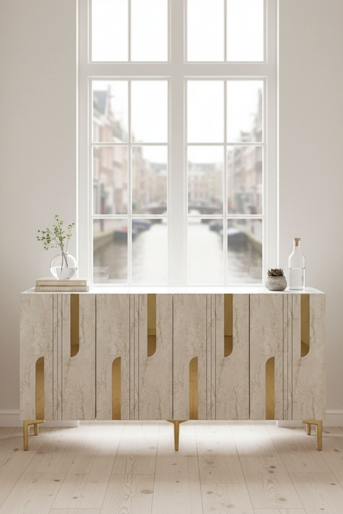 Consola Nota 150, 150 x 75 x 32 cm, alb travertin auriu, PAL melaminat, alb / travertin / gold — imaginea 4