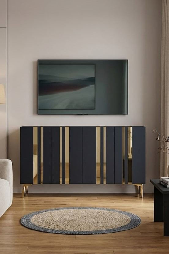 Consola Mia 120, 120 x 75 x 32 cm, antracit auriu, PAL melaminat, oglinda inclusa, antracit / gold