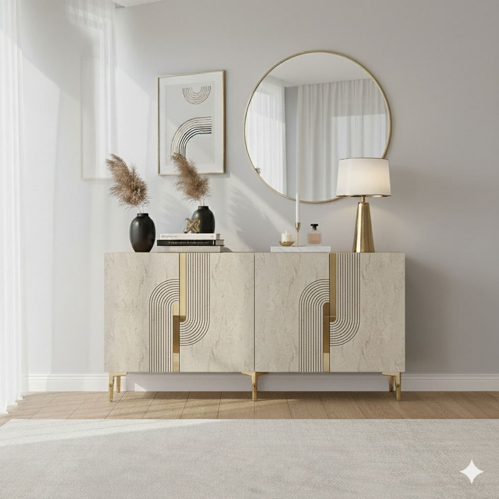 Consolă Meyra 150, 150 x 75 x 32 cm, alb travertin auriu, PAL melaminat, spațiu de depozitare, fixare pe perete, alb / travertin / gold