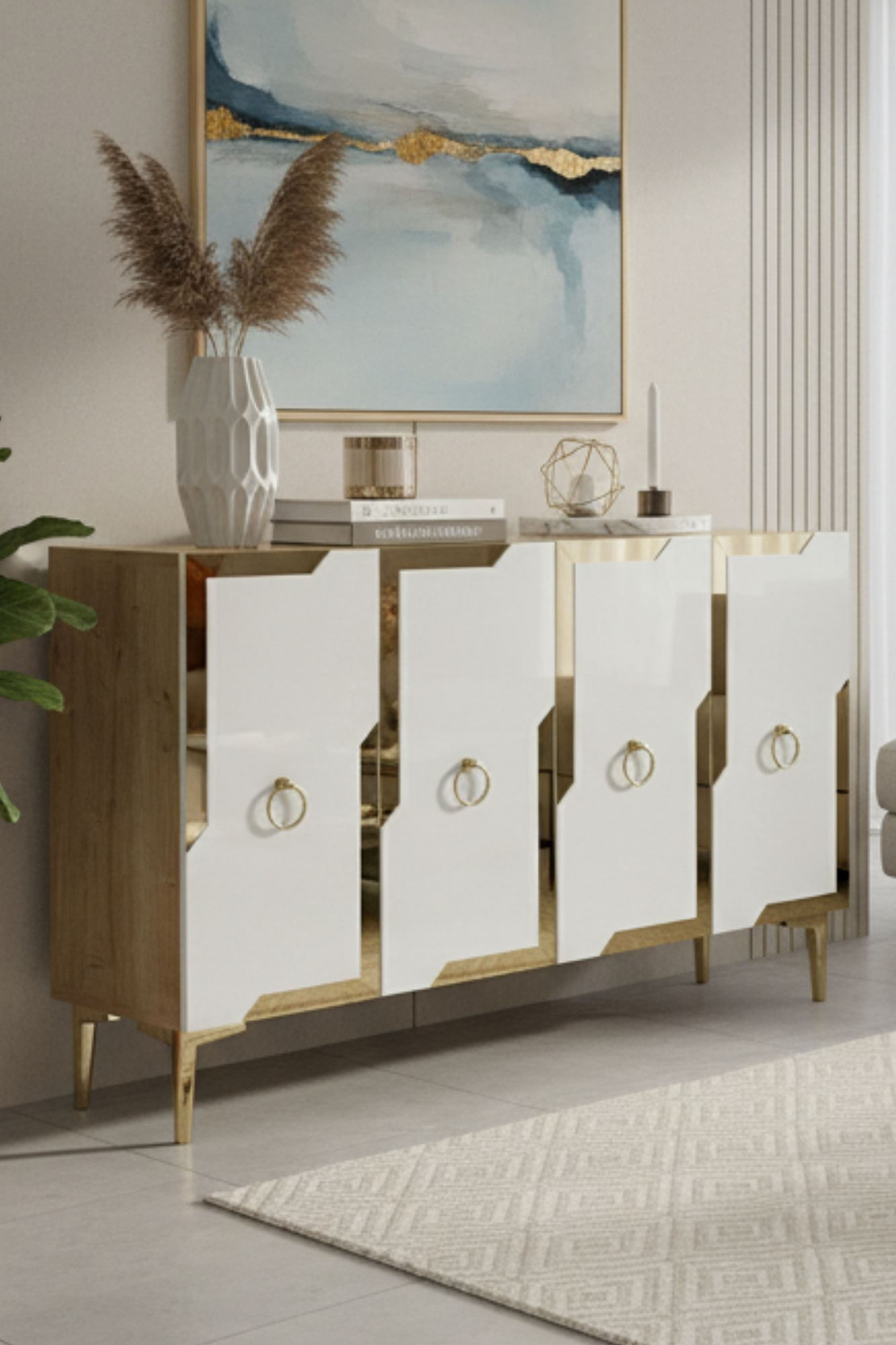 Consola Seza 120, 120 x 75 x 32 cm, stejar safir alb auriu, PAL melaminat, oglinda inclusa, safir stejar / alb / gold — imaginea 3