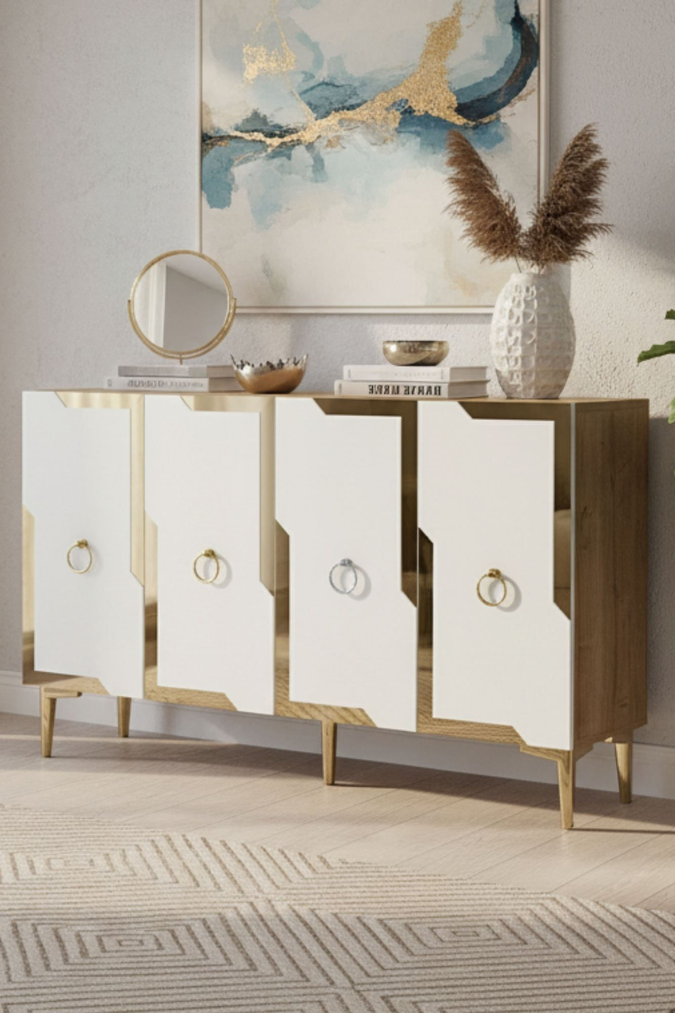Consola Seza 120, 120 x 75 x 32 cm, stejar safir alb auriu, PAL melaminat, oglinda inclusa, safir stejar / alb / gold — imaginea 4