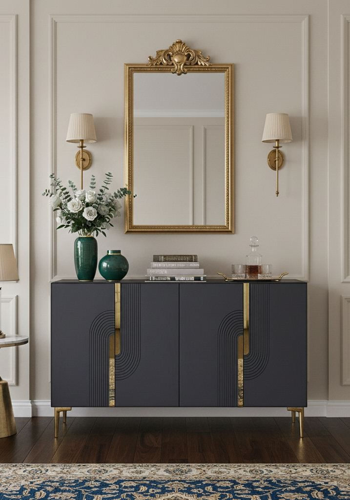 Consola Meyra 120, 120 x 75 x 32 cm, antracit auriu, PAL melaminat, spatiu de depozitare, fixare pe perete, antracit / gold