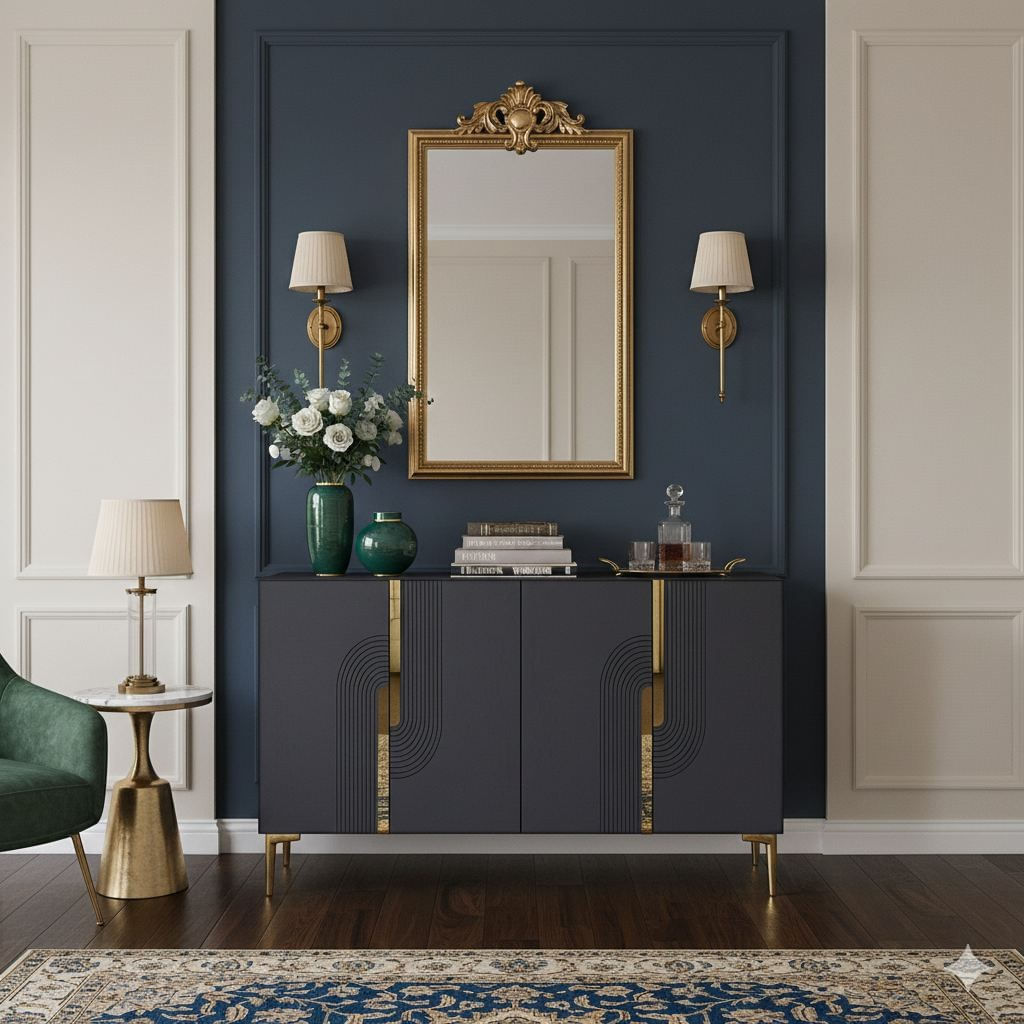 Consola Meyra 120, 120 x 75 x 32 cm, antracit auriu, PAL melaminat, spatiu de depozitare, fixare pe perete, antracit / gold — imaginea 2