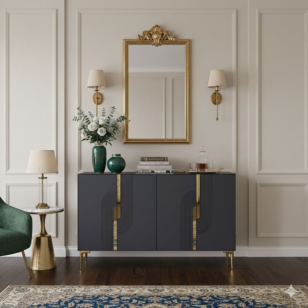 Consola Meyra 120, 120 x 75 x 32 cm, antracit auriu, PAL melaminat, spatiu de depozitare, fixare pe perete, antracit / gold — imaginea 8