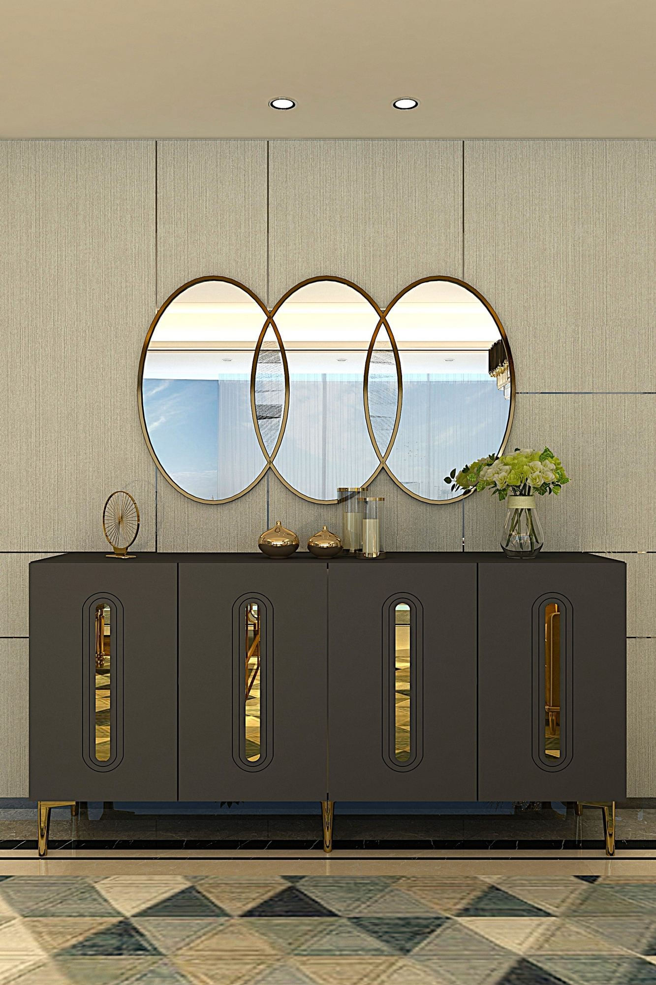 Consola Rany 150, 150 x 75 x 32 cm, antracit auriu, PAL melaminat, spatiu de depozitare, fixare pe perete, antracit / gold — imaginea 6