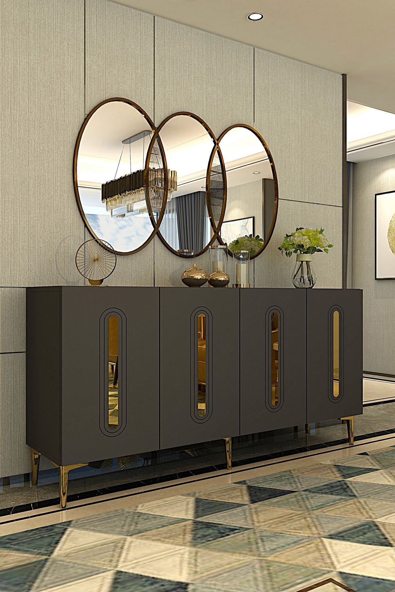 Consola Rany 150, 150 x 75 x 32 cm, antracit auriu, PAL melaminat, spatiu de depozitare, fixare pe perete, antracit / gold — imaginea 7