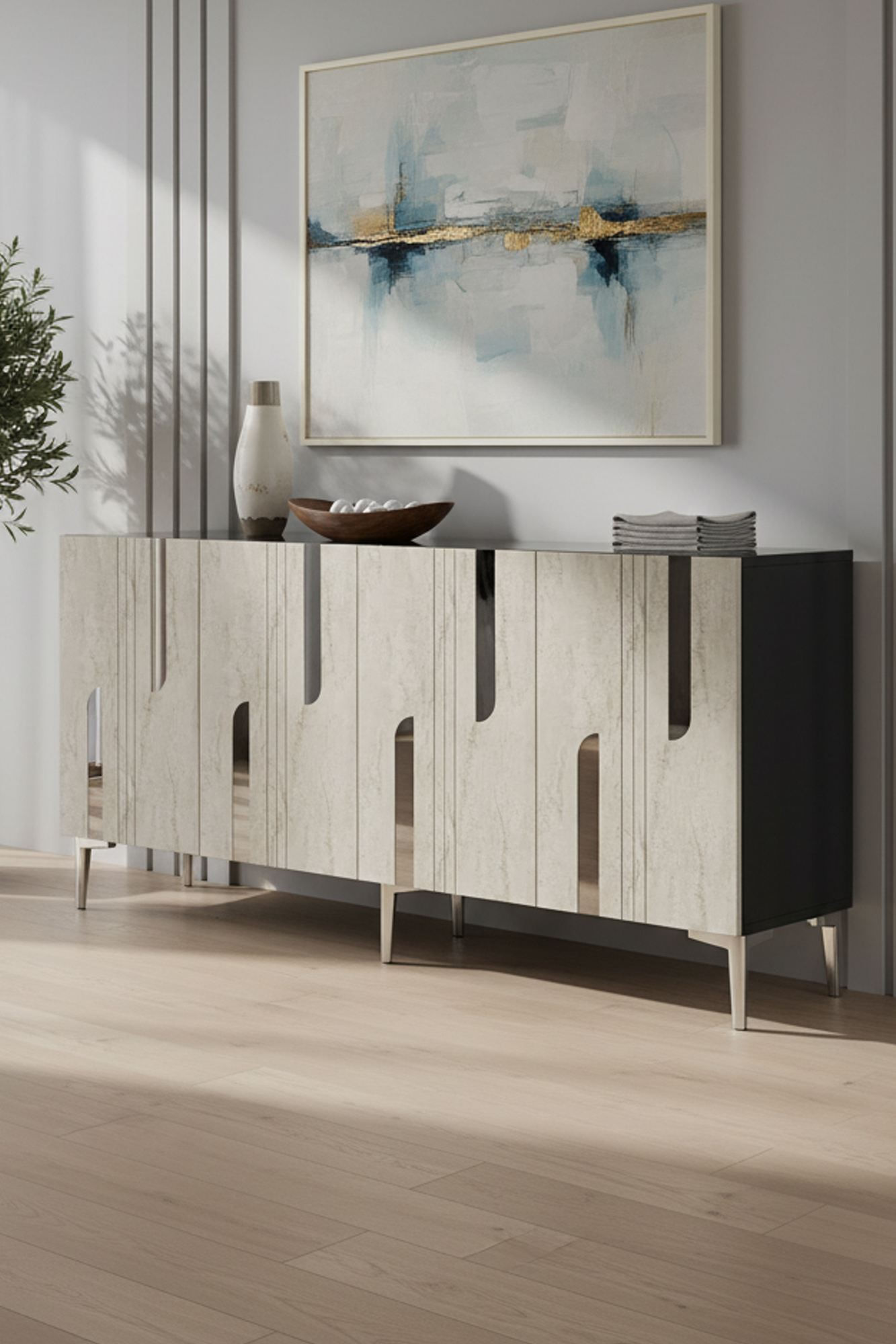 Consola Nota 150, 150 x 75 x 32 cm, antracit travertin argintiu, PAL melaminat, antracit / travertin / silver — imaginea 3