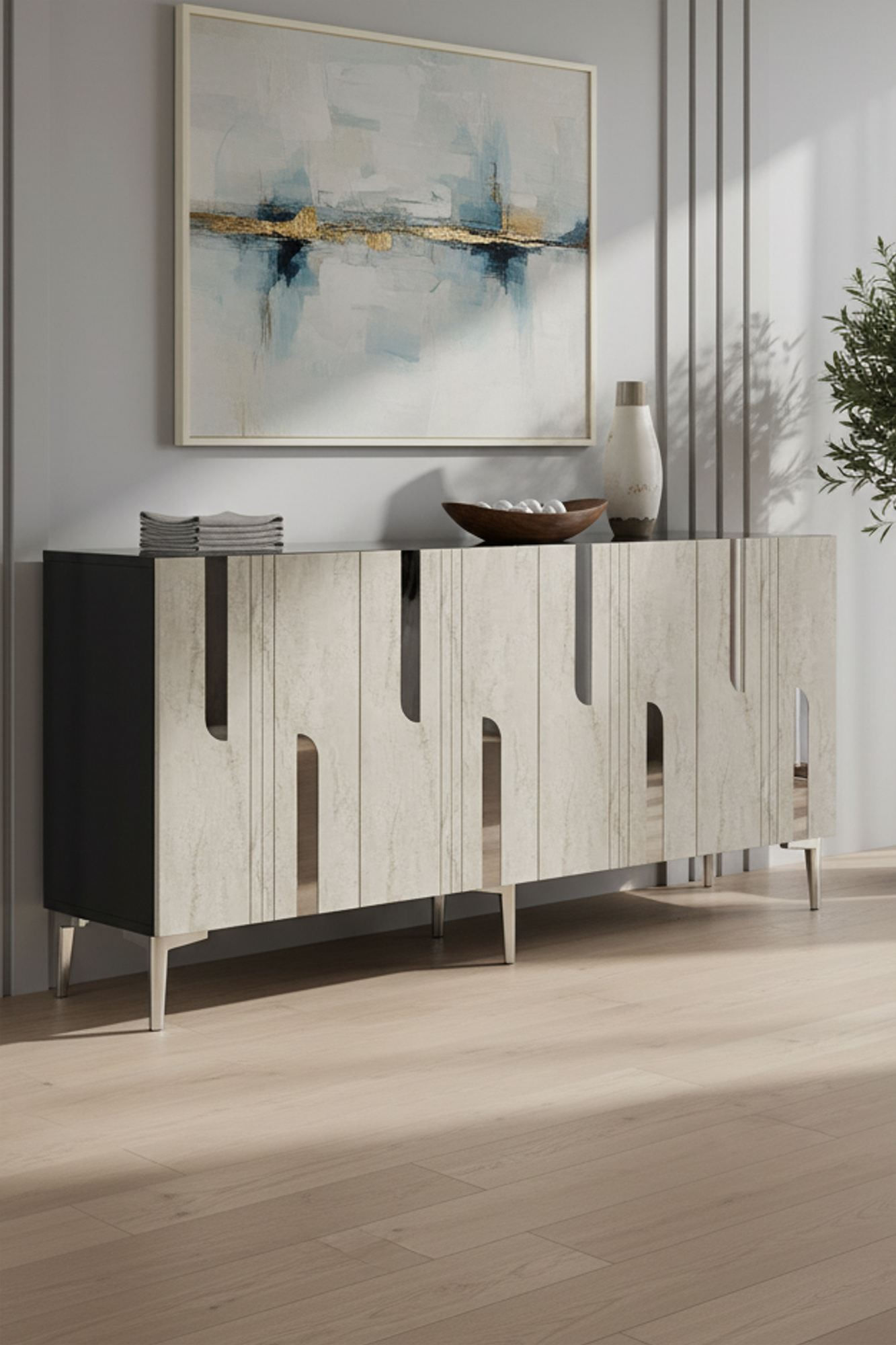 Consola Nota 150, 150 x 75 x 32 cm, antracit travertin argintiu, PAL melaminat, antracit / travertin / silver — imaginea 6