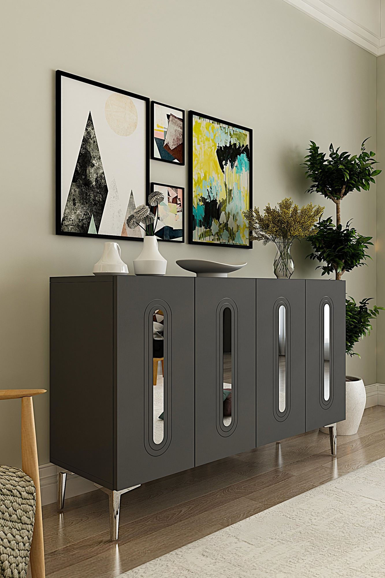 Consola Rany 120, 120 x 75 x 32 cm, antracit argintiu, PAL melaminat, spatiu de depozitare, fixare pe perete, antracit / silver — imaginea 4