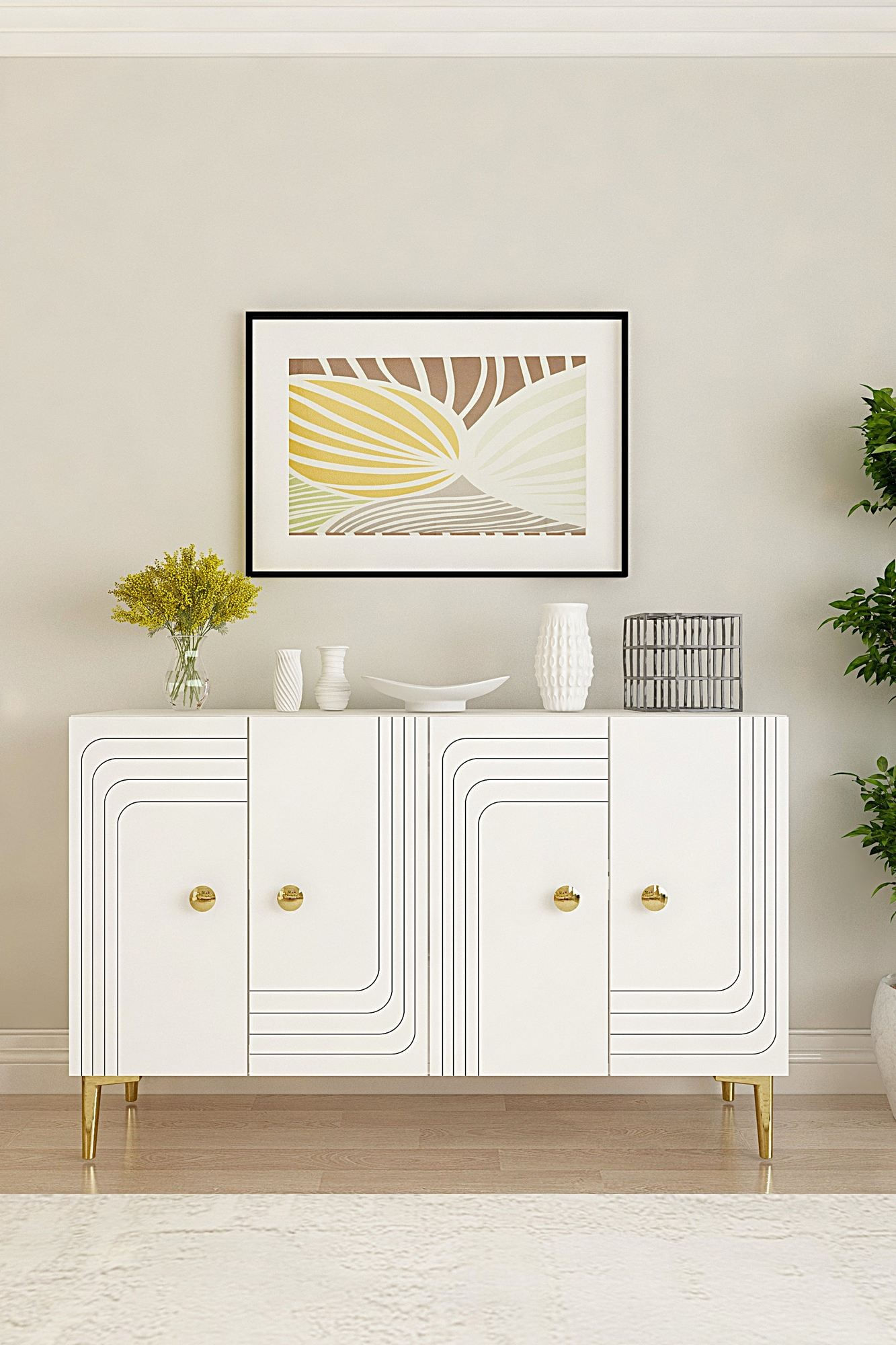 Consola Lessi 120, 120 x 75 x 32 cm, alb auriu, PAL melaminat, spatiu de depozitare, fixare pe perete, alb / gold — imaginea 3