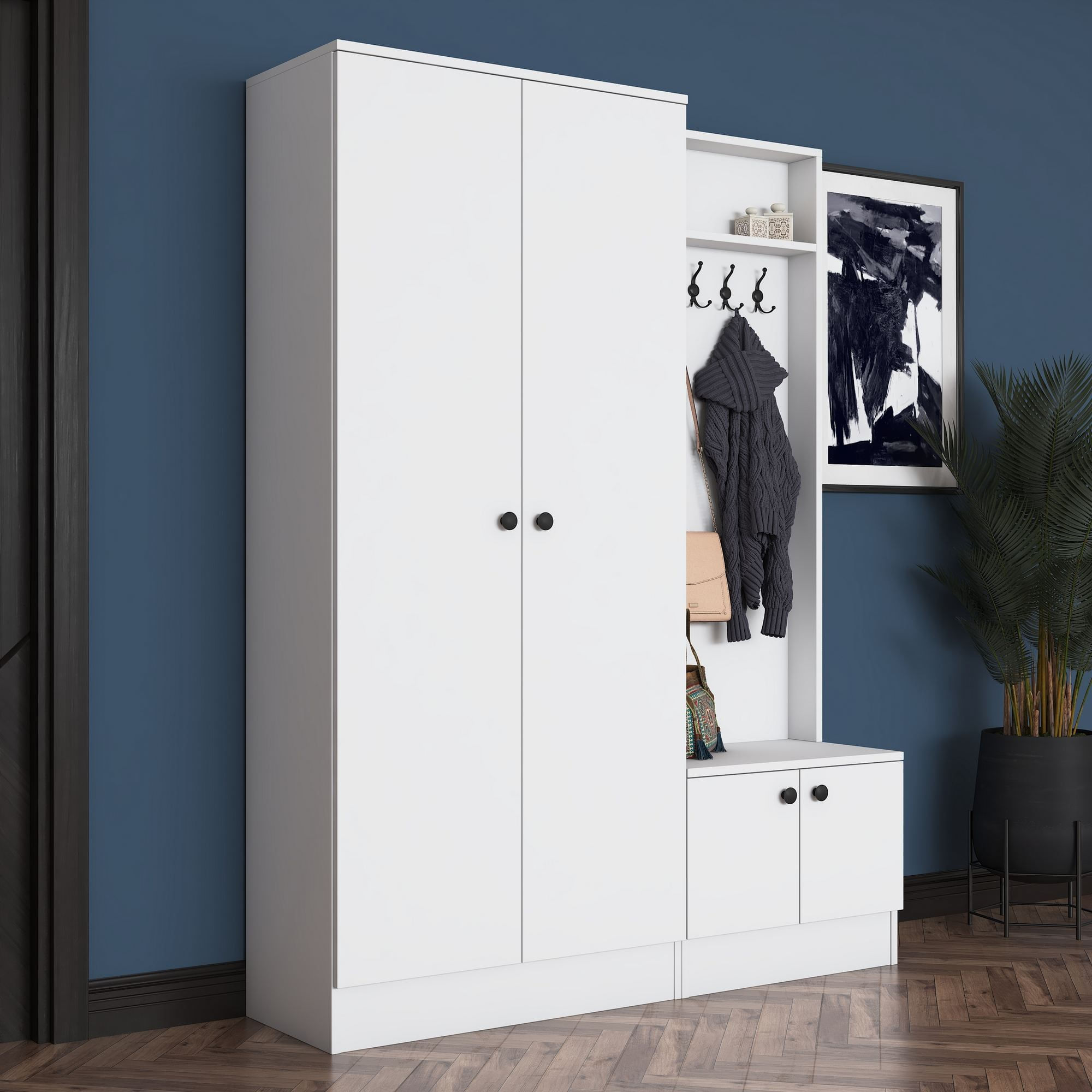 Cuier hol EA151, 139,6 x 182,8 x 37,5 cm, alb, PAL, spatiu de depozitare, fixare pe perete — imaginea 2