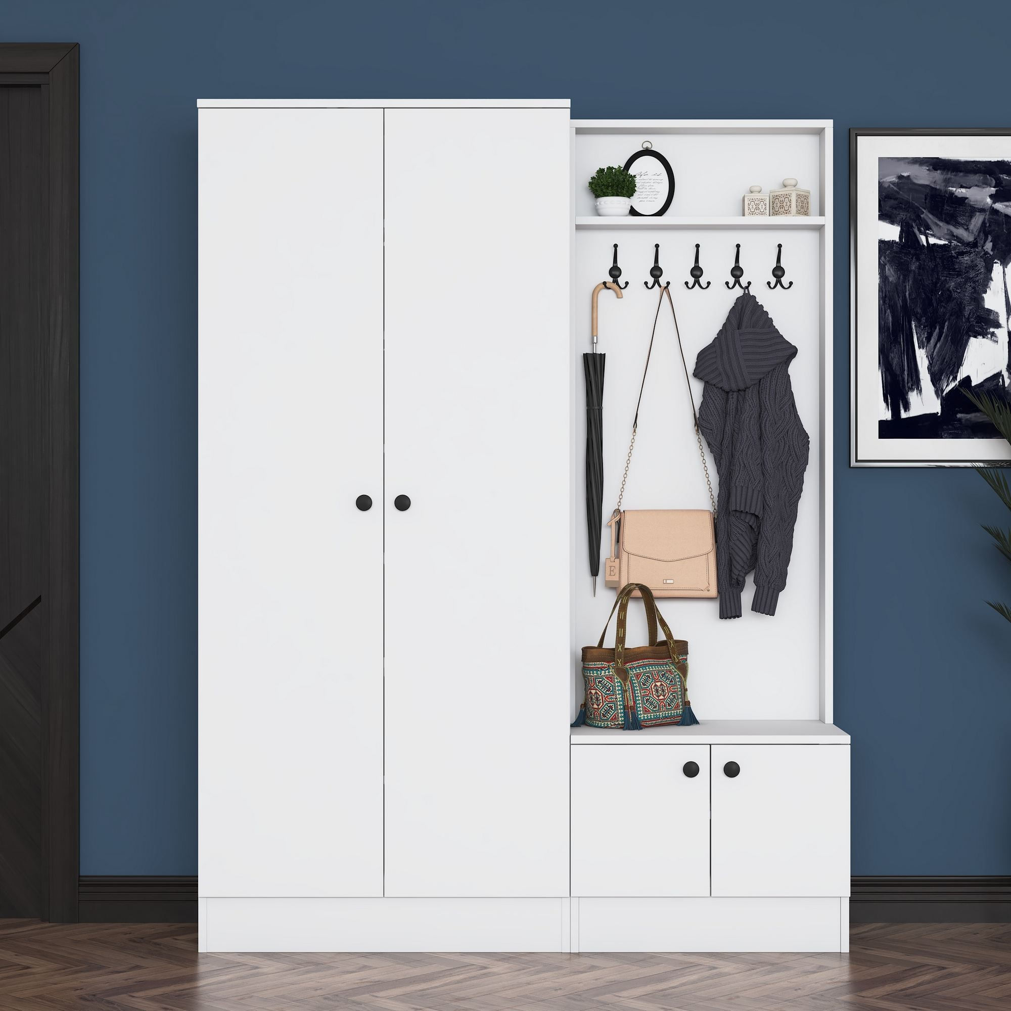 Cuier hol EA151, 139,6 x 182,8 x 37,5 cm, alb, PAL, spatiu de depozitare, fixare pe perete — imaginea 5