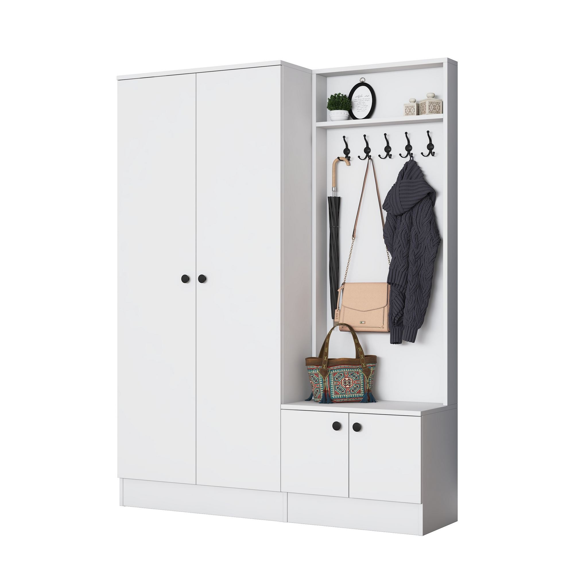Cuier hol EA151, 139,6 x 182,8 x 37,5 cm, alb, PAL, spatiu de depozitare, fixare pe perete — imaginea 7