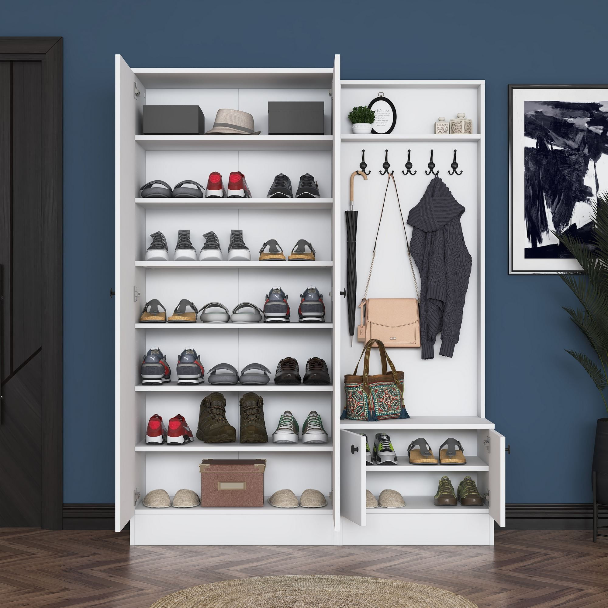 Cuier hol EA151, 139,6 x 182,8 x 37,5 cm, alb, PAL, spatiu de depozitare, fixare pe perete — imaginea 11