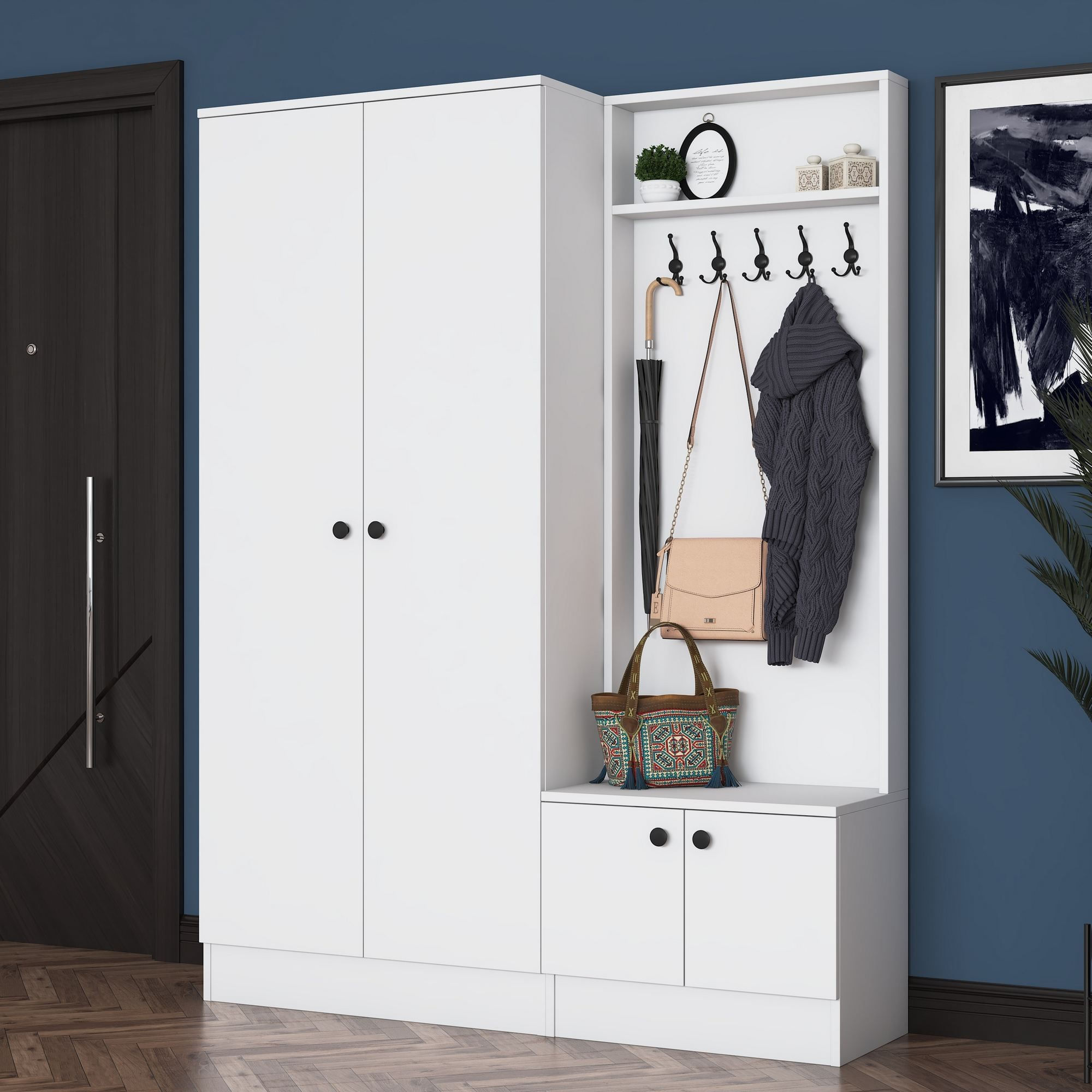 Cuier hol EA151, 139,6 x 182,8 x 37,5 cm, alb, PAL, spatiu de depozitare, fixare pe perete — imaginea 13