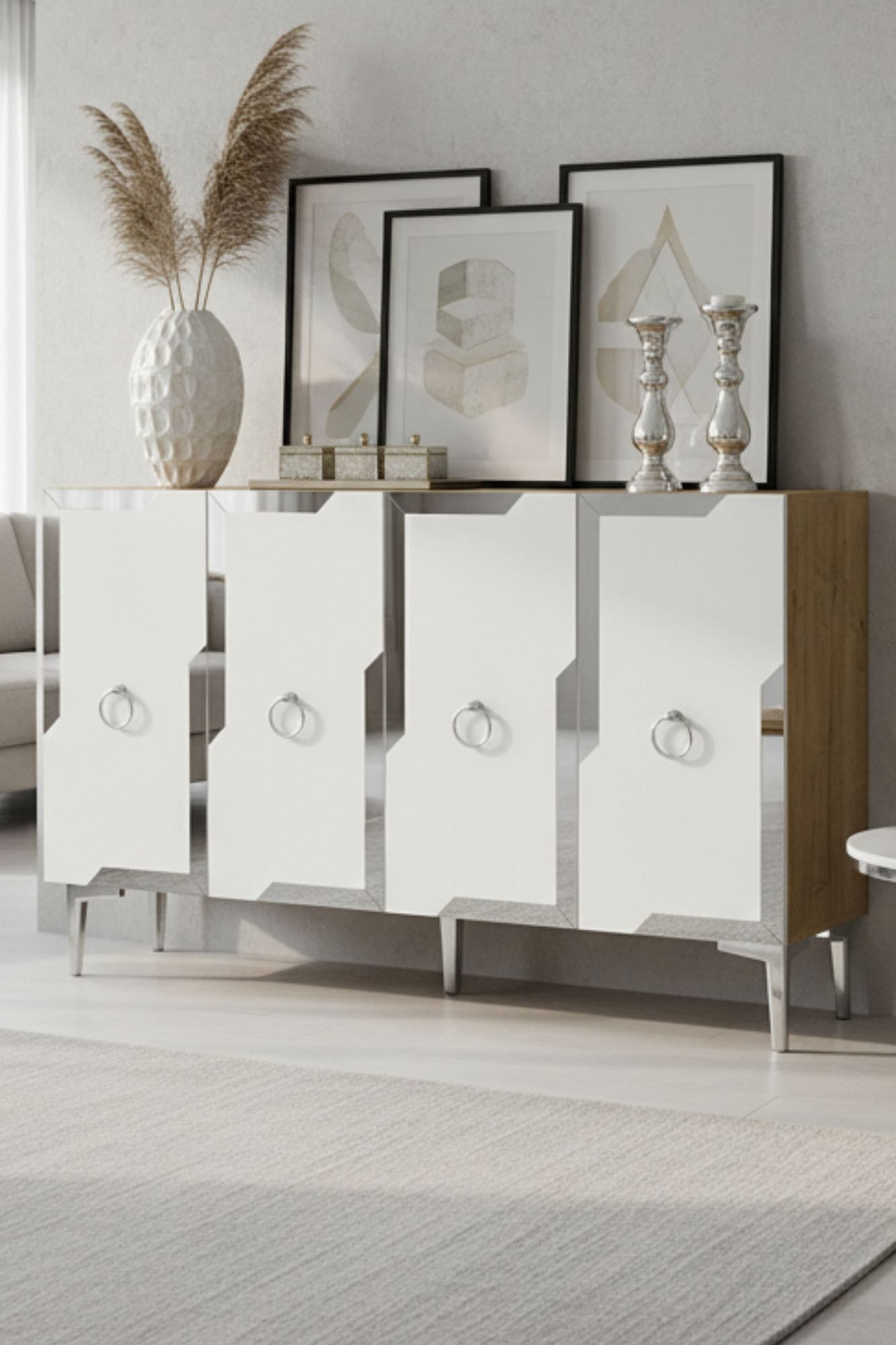 Consola Seza 120, 120 x 75 x 32 cm, stejar safir alb argintiu, PAL melaminat, oglinda inclusa, safir stejar / alb / silver — imaginea 3