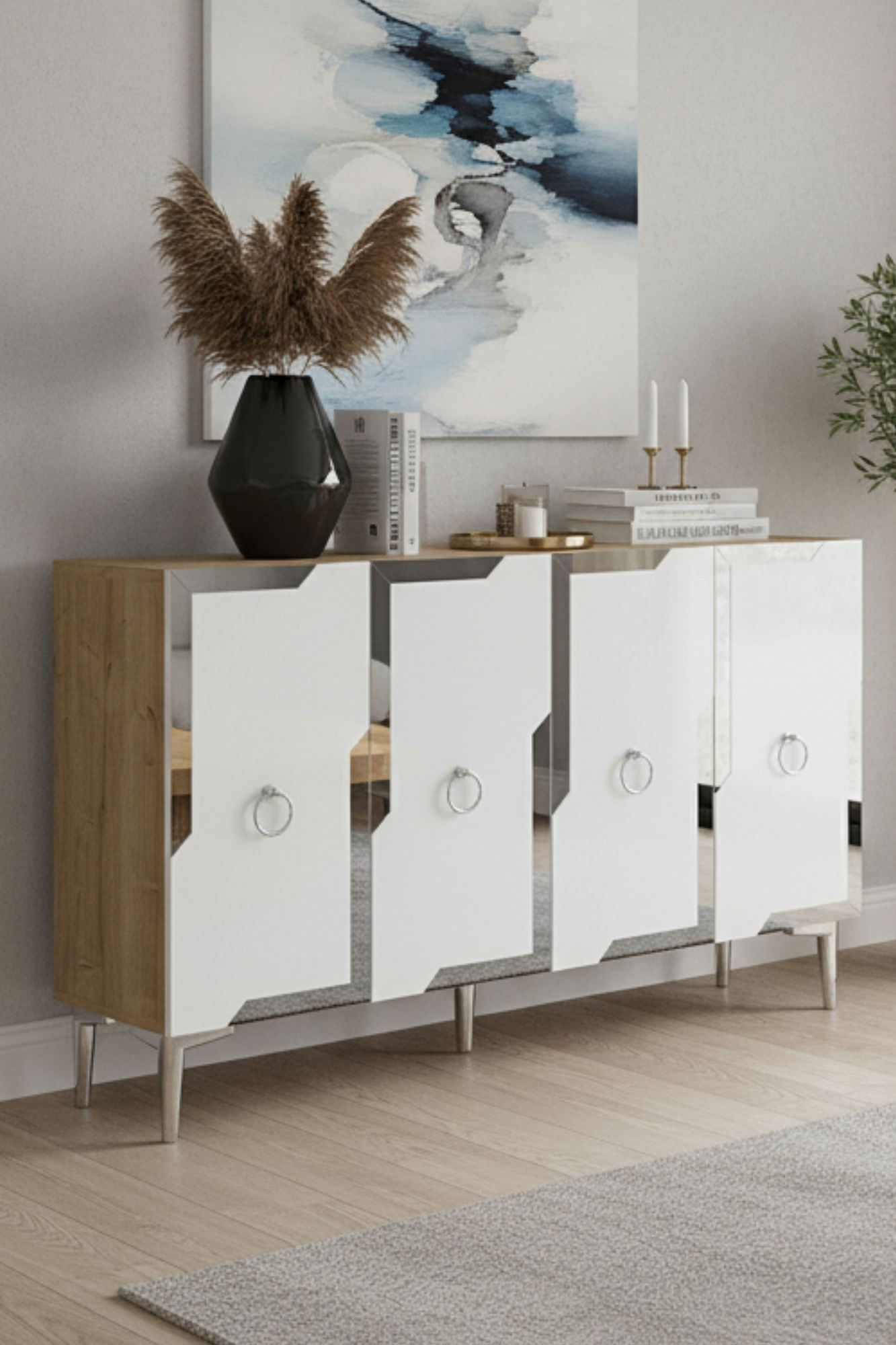 Consola Seza 120, 120 x 75 x 32 cm, stejar safir alb argintiu, PAL melaminat, oglinda inclusa, safir stejar / alb / silver — imaginea 4