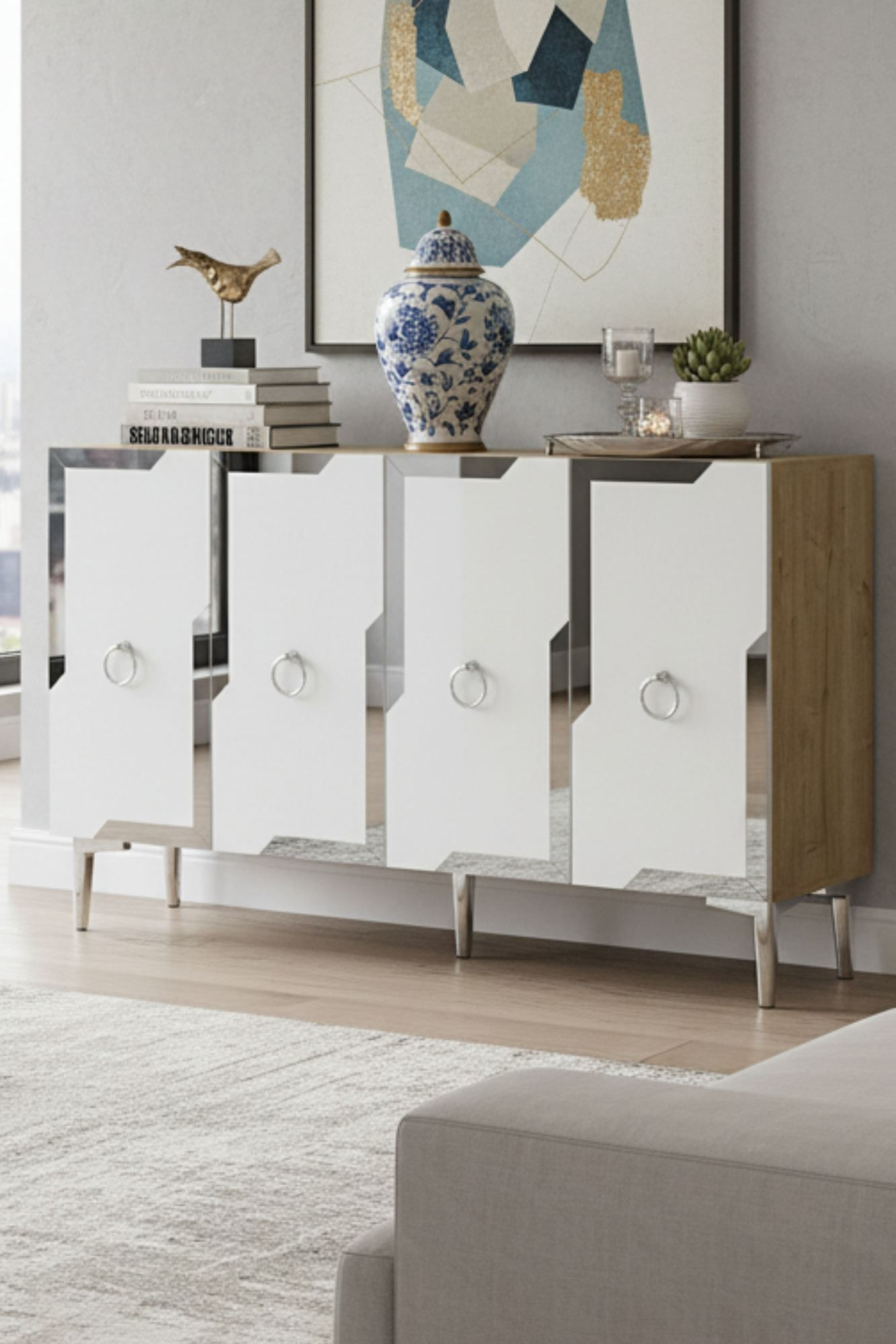Consola Seza 120, 120 x 75 x 32 cm, stejar safir alb argintiu, PAL melaminat, oglinda inclusa, safir stejar / alb / silver — imaginea 7