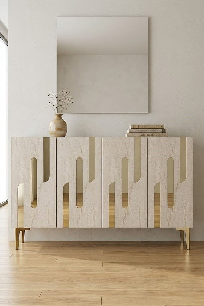 Consola Ece 120, 120 x 75 x 32 cm, alb travertin auriu, PAL melaminat, oglinda inclusa, alb / travertin / gold