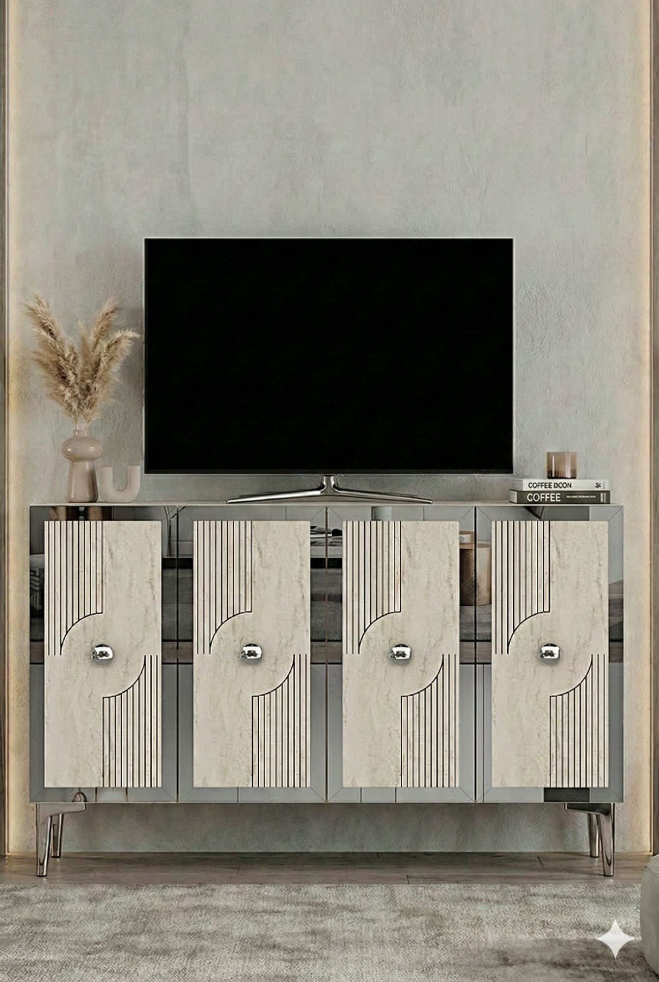 Consola Pega 120, 120 x 79 x 32 cm, alb travertin argintiu, PAL melaminat, spatiu de depozitare, fixare pe perete, alb / travertin / silver — imaginea 5