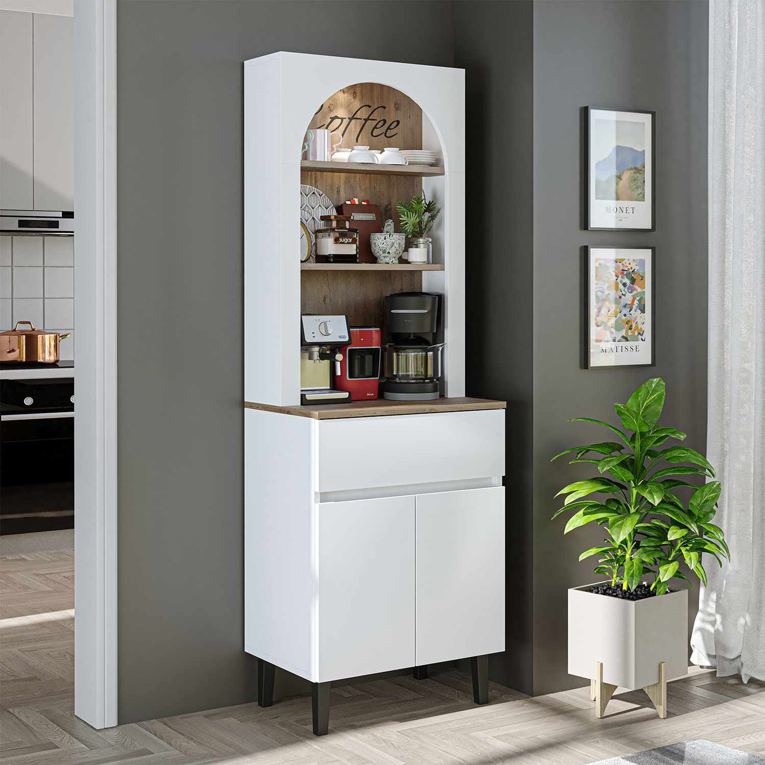 Dulap bar cafea Ledli, Atlantic Pine, 60 x 179 x 41, 8 cm, PAL melaminat, spatiu de depozitare, fixare pe perete, alb / atlantic pin — imaginea 3