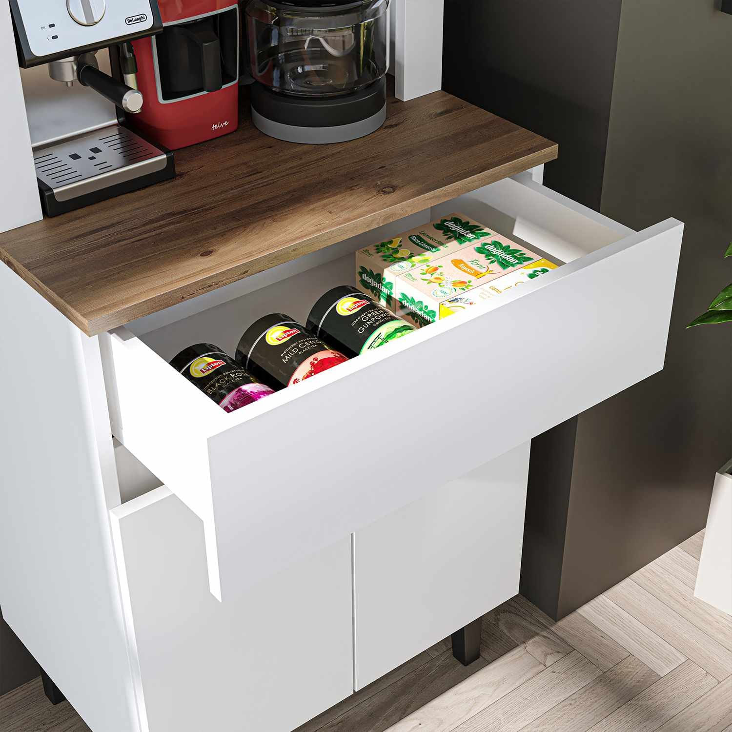 Dulap bar cafea Ledli, Atlantic Pine, 60 x 179 x 41, 8 cm, PAL melaminat, spatiu de depozitare, fixare pe perete, alb / atlantic pin — imaginea 6