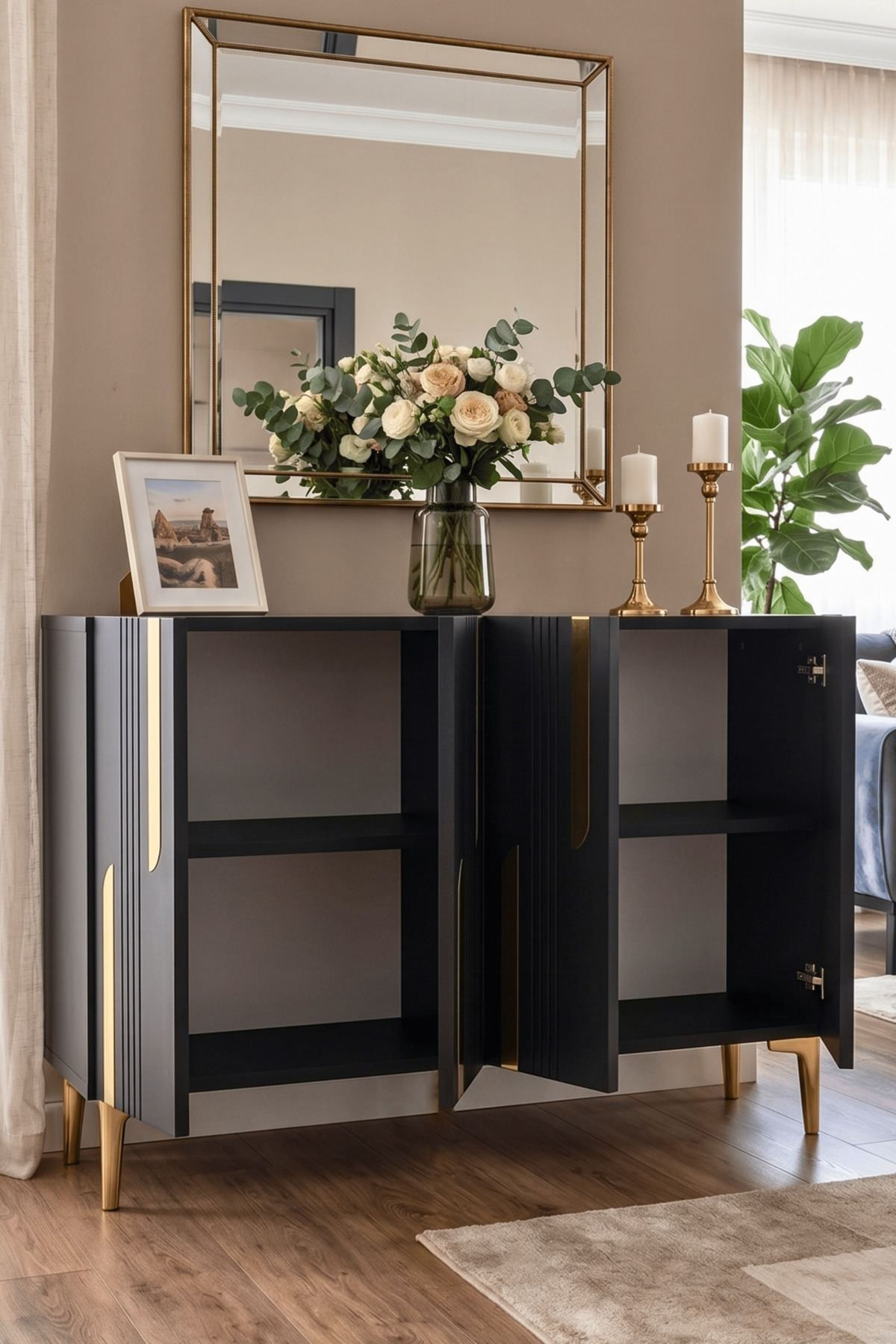 Consola Nota 120, 120 x 75 x 32 cm, antracit auriu, PAL melaminat, oglinda inclusa, antracit / gold — imaginea 4
