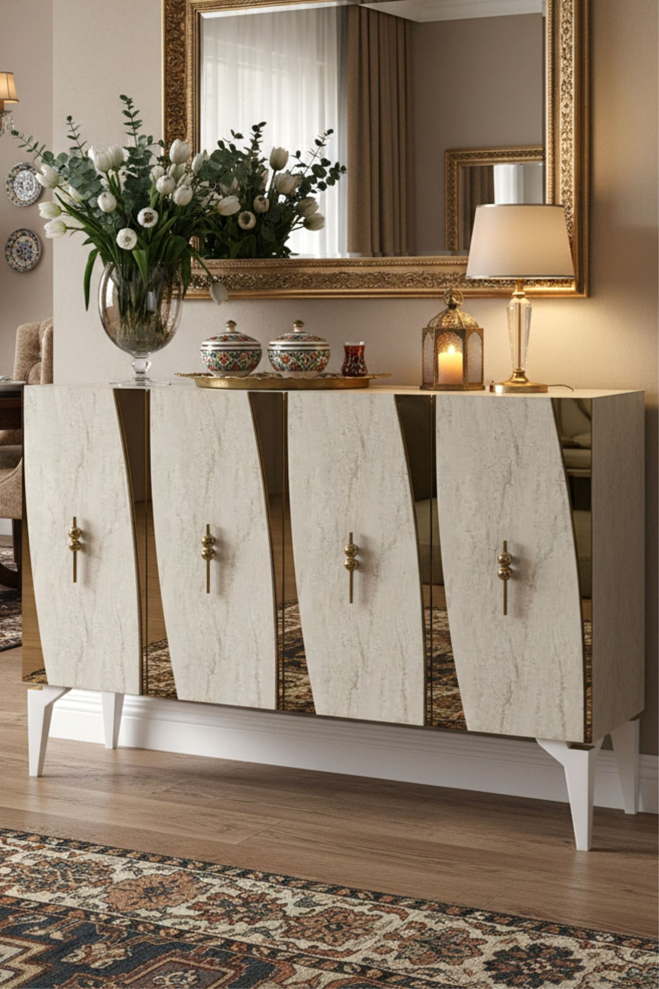 Consola Elips 120, 120 x 75 x 32 cm, alb travertin auriu, PAL melaminat, oglinda inclusa, alb / travertin / gold — imaginea 4