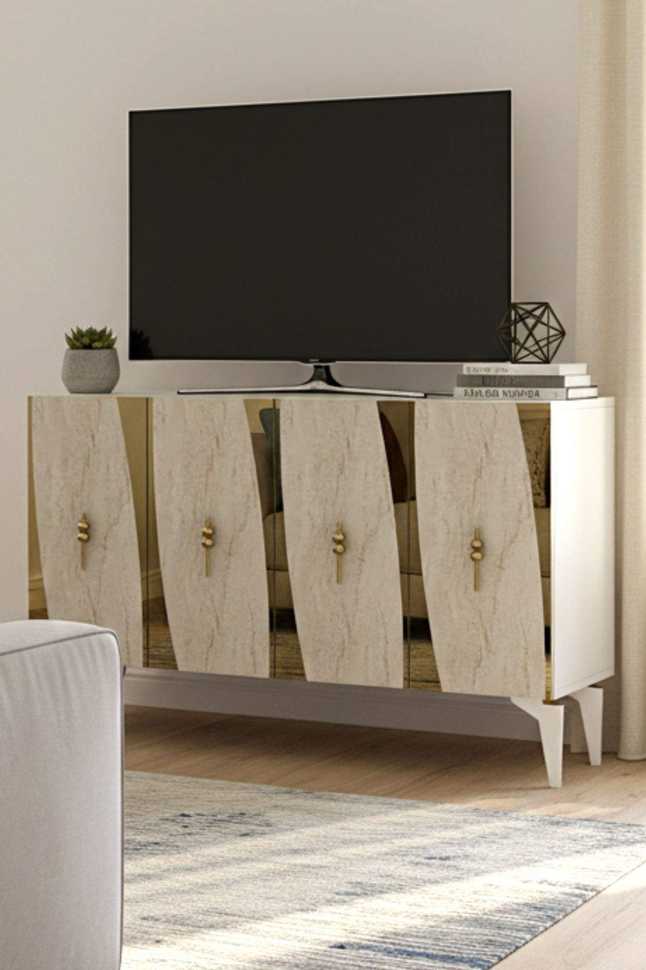Consola Elips 120, 120 x 75 x 32 cm, alb travertin auriu, PAL melaminat, oglinda inclusa, alb / travertin / gold — imaginea 6