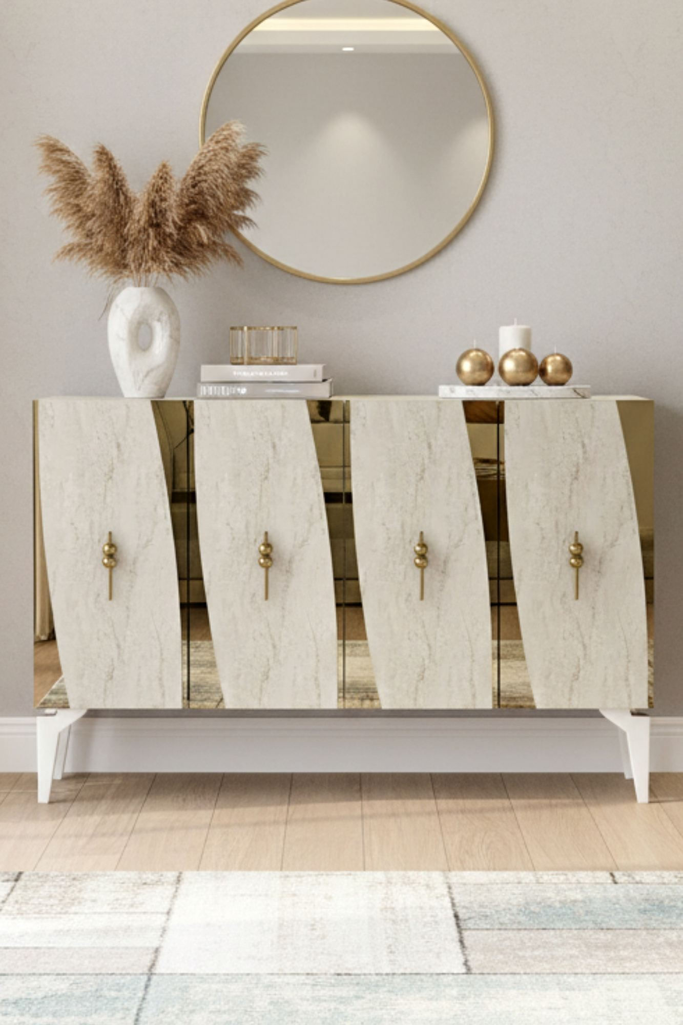 Consola Elips 120, 120 x 75 x 32 cm, alb travertin auriu, PAL melaminat, oglinda inclusa, alb / travertin / gold — imaginea 7