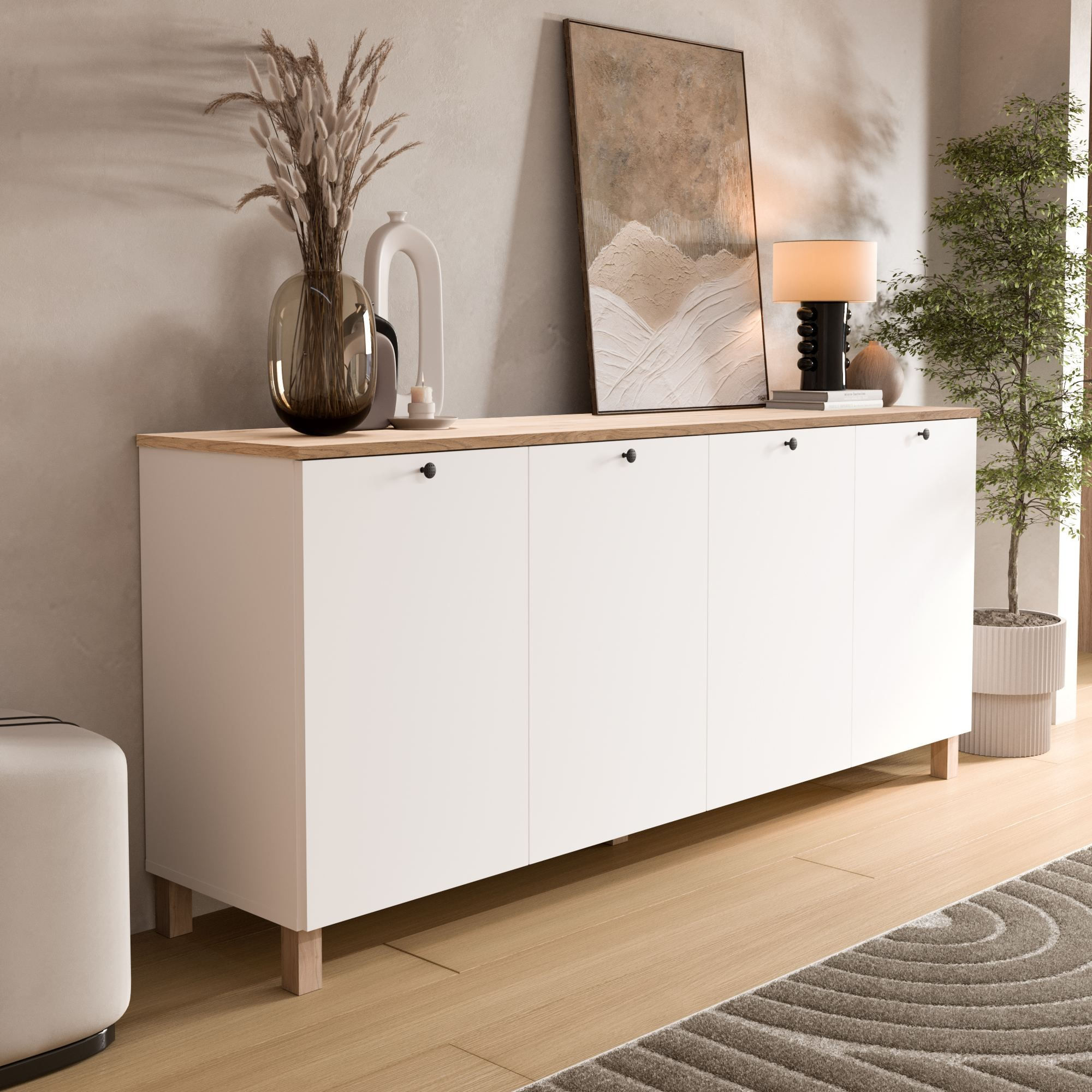 Consola Nord - ND4-SW, 180 x 80 x 42,1 cm, alb si stejar, PAL melaminat, spatiu de depozitare, fixare pe perete — imaginea 4