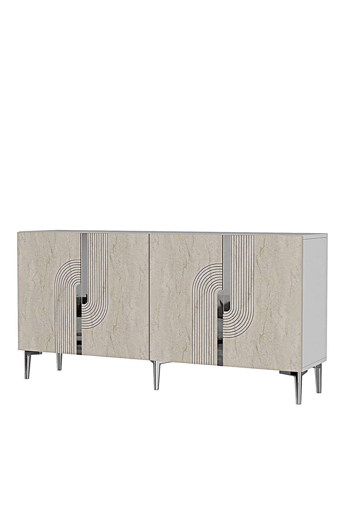 Consola Meyra 180, 180 x 75 x 32 cm, alb travertin argintiu, PAL melaminat, oglinda inclusa, alb / travertin / silver — imaginea 2