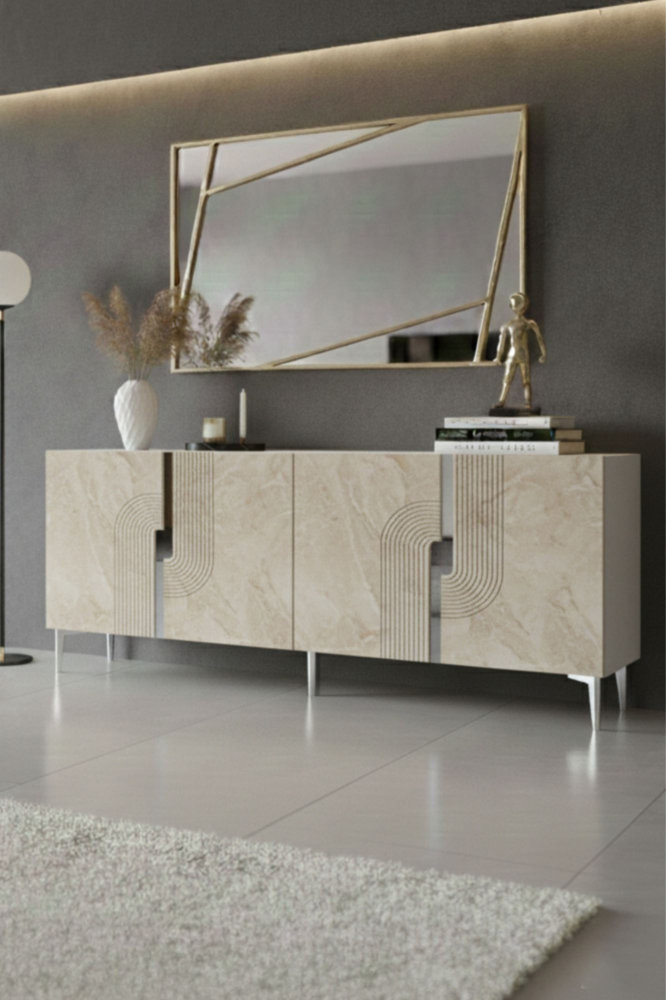 Consola Meyra 180, 180 x 75 x 32 cm, alb travertin argintiu, PAL melaminat, oglinda inclusa, alb / travertin / silver — imaginea 3