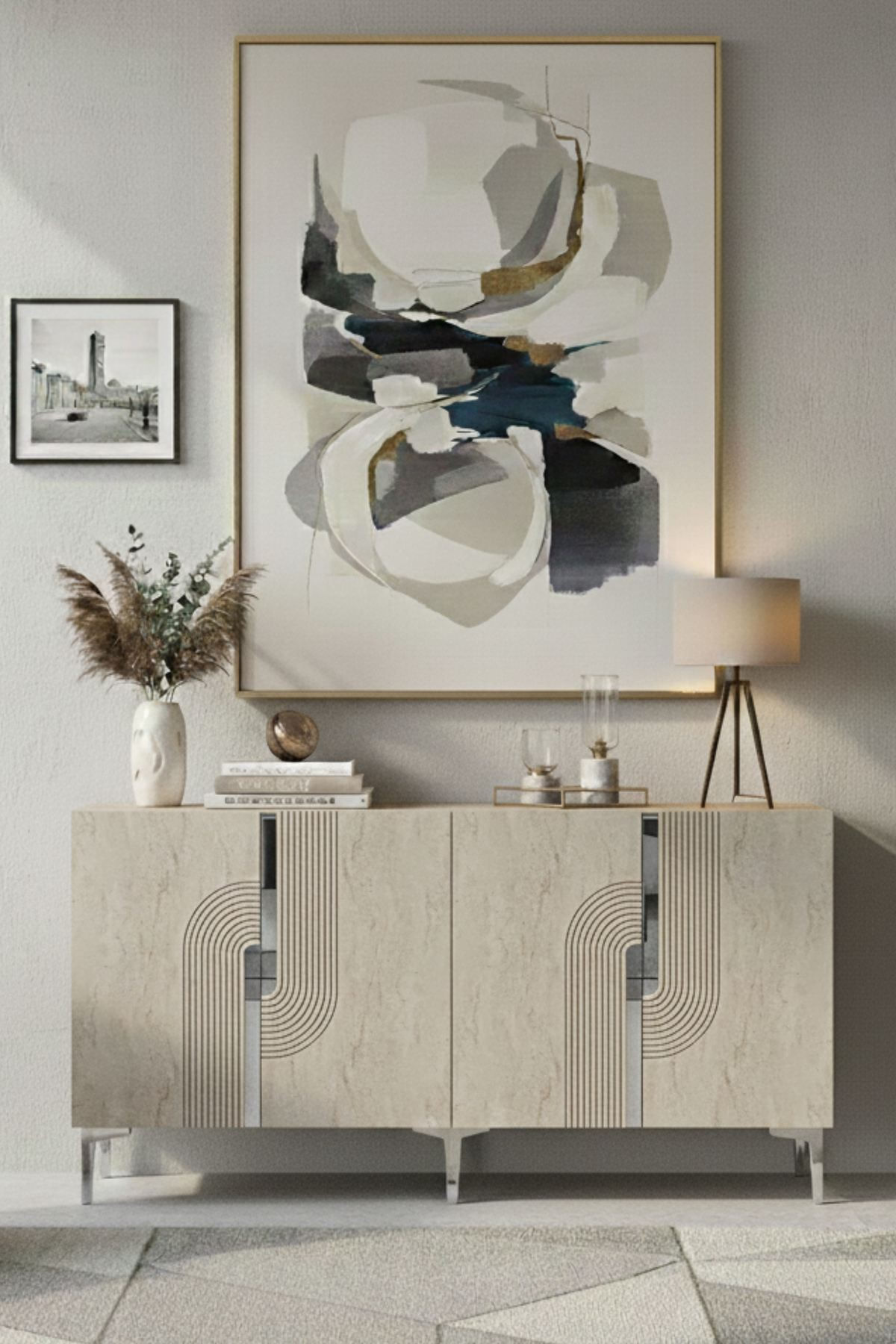 Consola Meyra 180, 180 x 75 x 32 cm, alb travertin argintiu, PAL melaminat, oglinda inclusa, alb / travertin / silver — imaginea 5